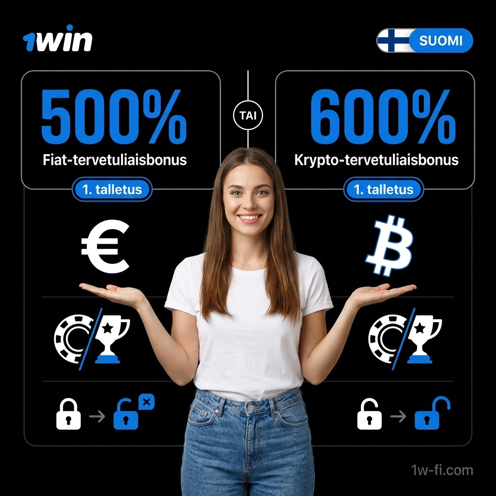 1win ensitalletusbonukset: 500% fiat-bonus jopa 1700€ ja 600% kryptobonус jopa 2000€ uusille pelaajille.