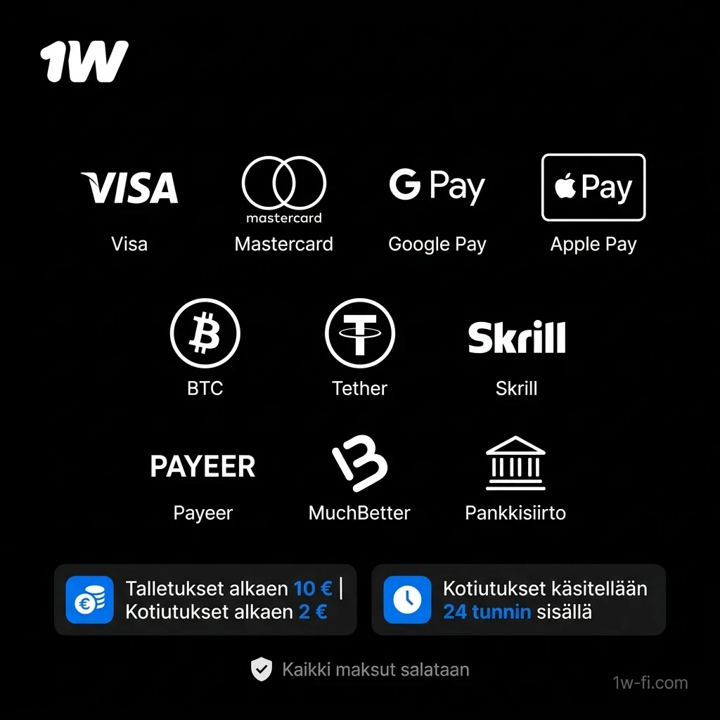 Valitse sopiva maksutapa 1w-mobiilisivustolla ja tee talletus helposti Suomessa.