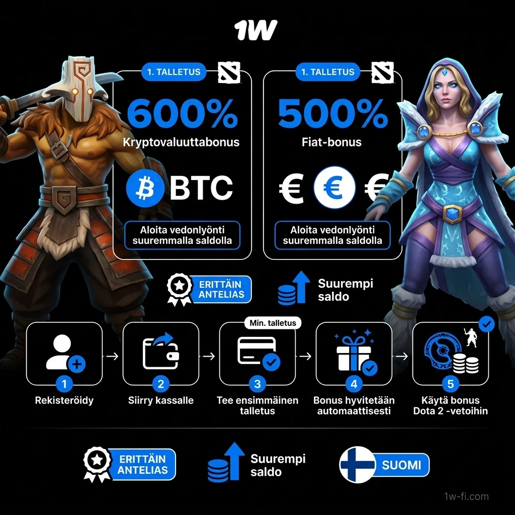 Lunasta 1w tervetulobonukset ja maksimoi voittomahdollisuutesi 1w Dota 2 Vedonlyönti -kohteissa.