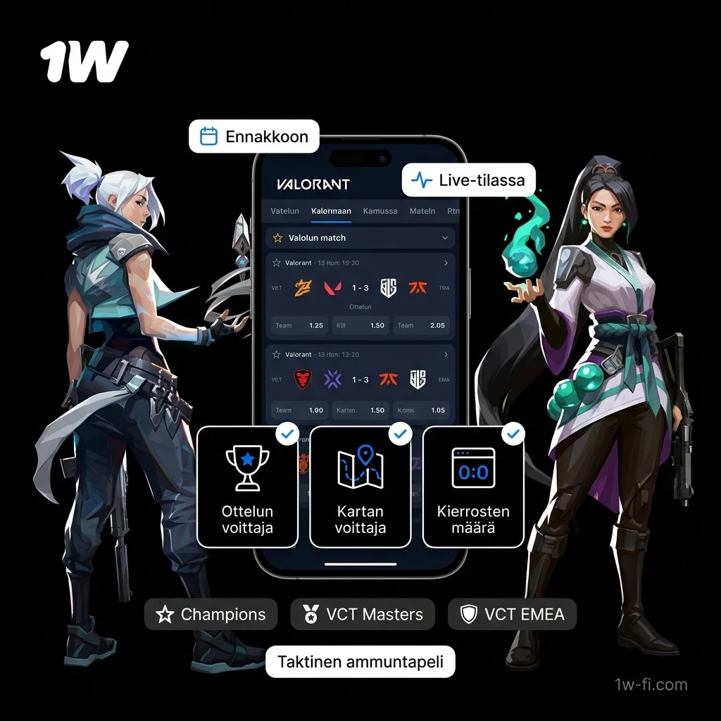 Aseta panoksesi Valorant kohteisiin 1w Esports Vedonlyönti sivulla ja voita.