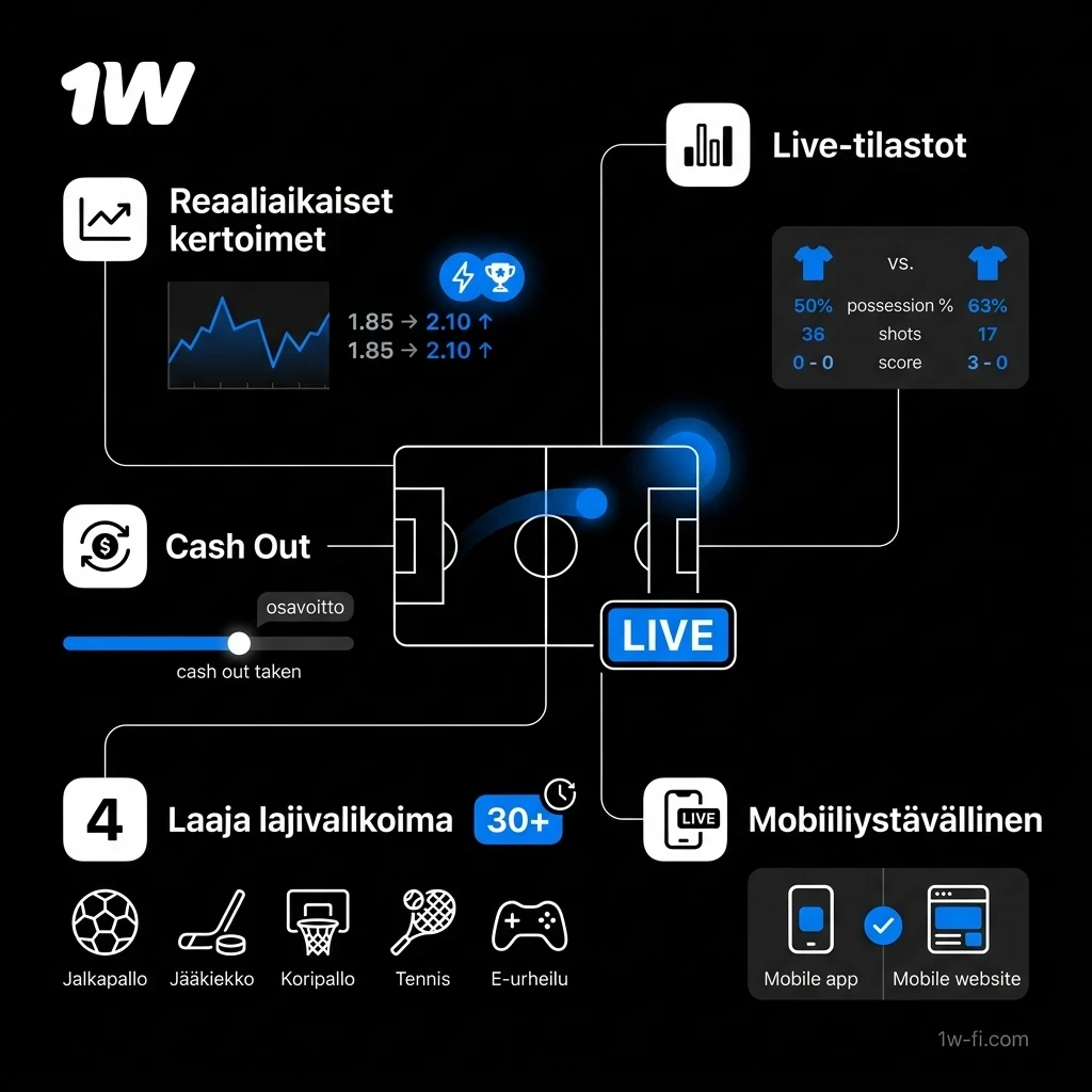 Osallistu 1w live-vedonlyöntiin ja tee voitollisia urheiluvedonlyönti valintoja reaaliajassa.