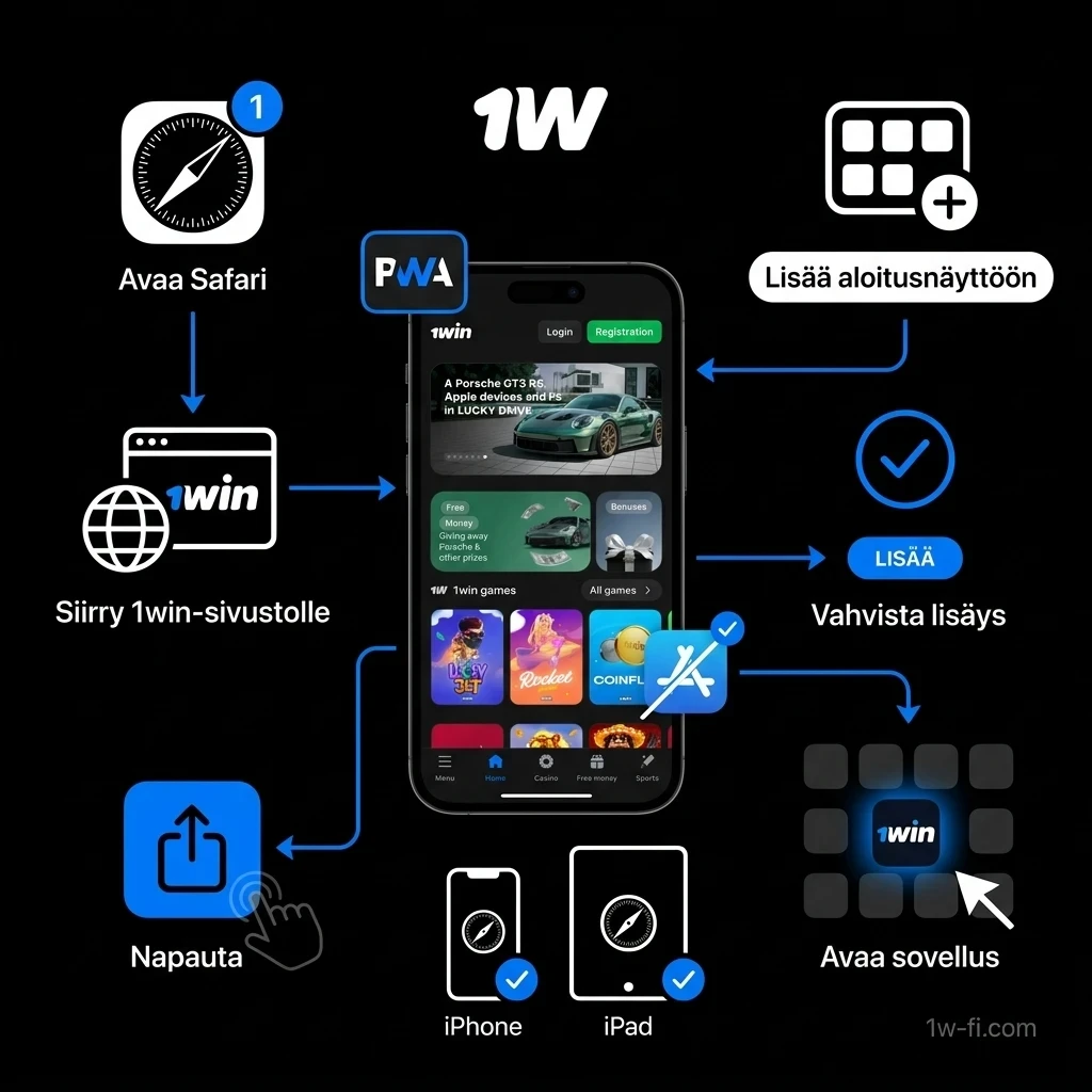 Asenna 1w PWA iOS-laitteille ja hyödynnä nopeaa käyttöliittymää mobiilivedonlyönnissä.