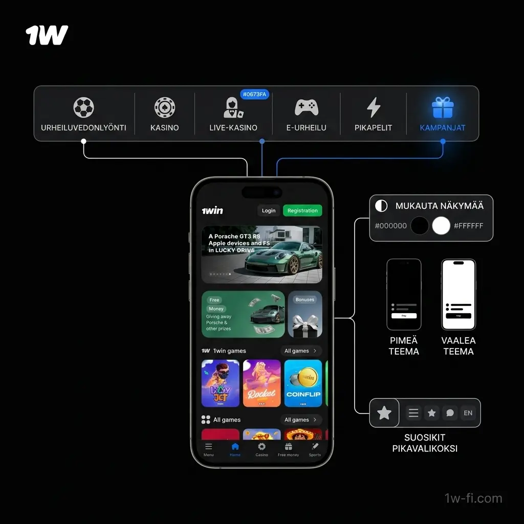 1w-sivuston käyttöliittymä: navigointipalkki urheiluvedonlyöntiin, kasinoon ja pikapeleihin suomalaisille pelaajille