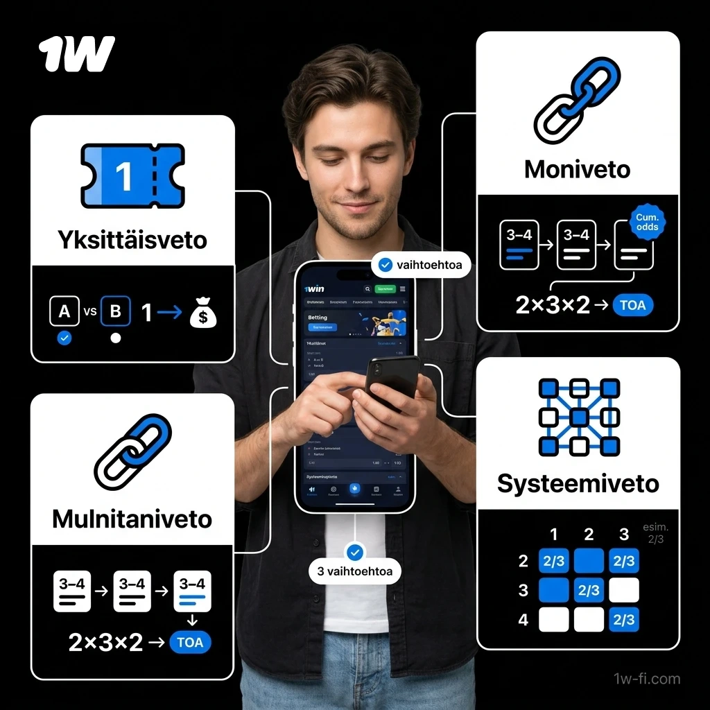 1win-alustan vetomuodot: yksittäisveto, moniveto ja systeemiveto selitettynä.