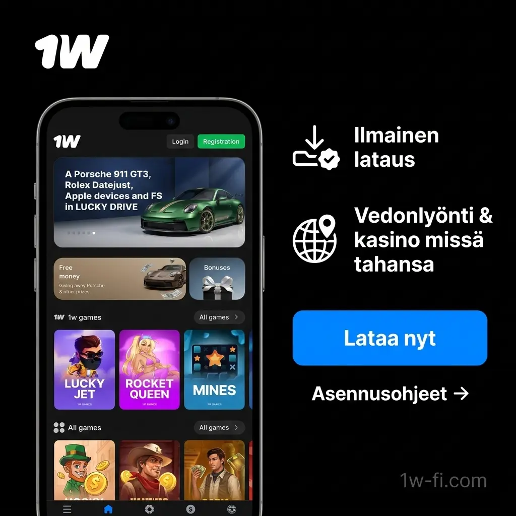 1w Android -sovellus – ilmainen mobiilivedonlyönti ja kasinopelit missä tahansa