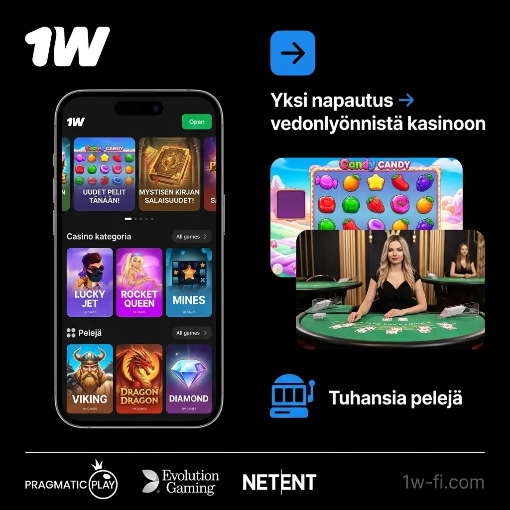 1w-kasinosovellus tarjoaa tuhansia kolikkopeleja ja live-kasinon tunnetuilta kehittäjiltä