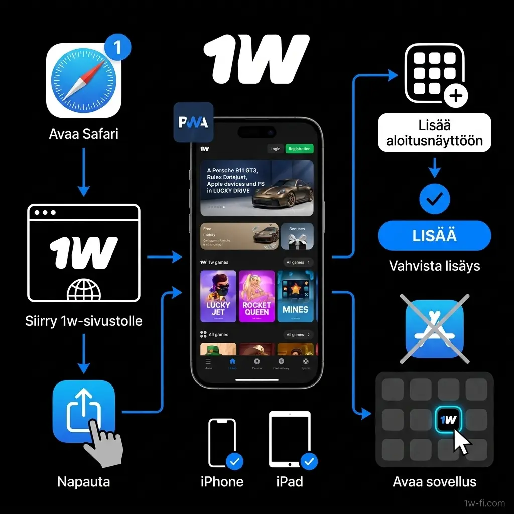 1w PWA iOS-laitteille: asenna progressiivinen verkkosovellus Safarilla iPhoneen tai iPadiin ilman App Storea.