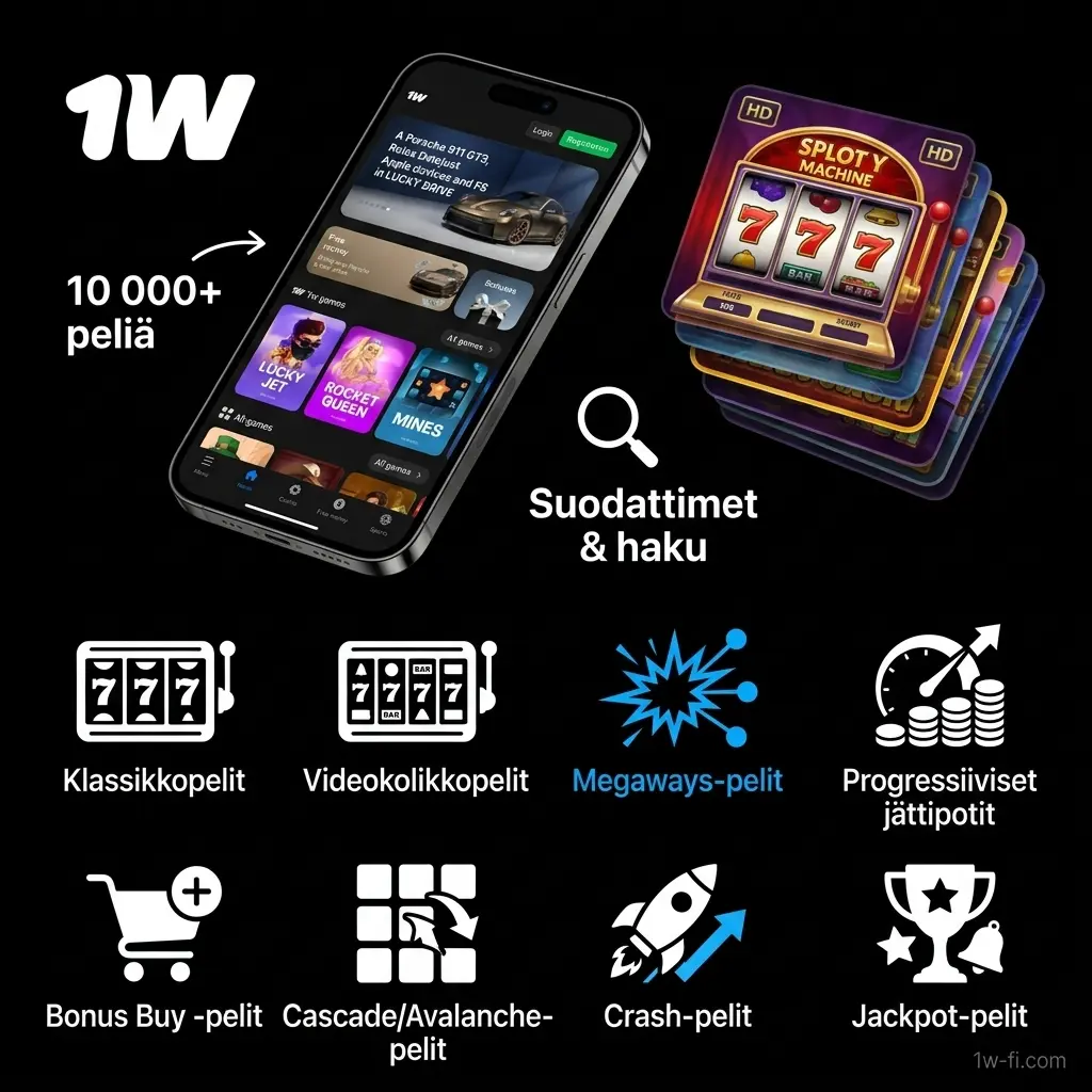 1w kasinon kolikkopelityypit: klassikot, videopelit, Megaways, progressiiviset jätipotit ja Bonus Buy -pelit