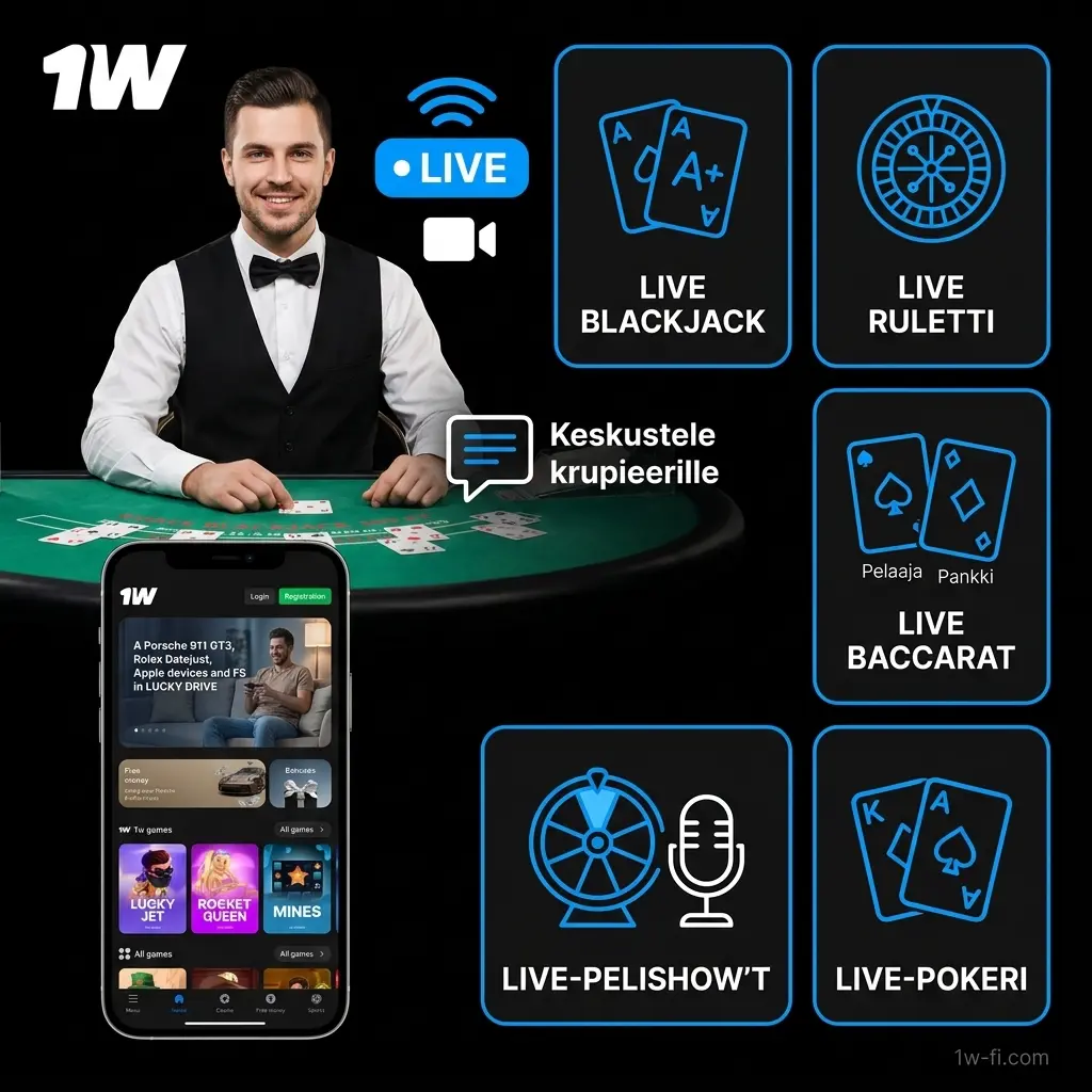 1w Live-kasino: oikeat krupieerit, live blackjack, rouletti, baccarat ja game shows reaaliajassa kotoa käsin