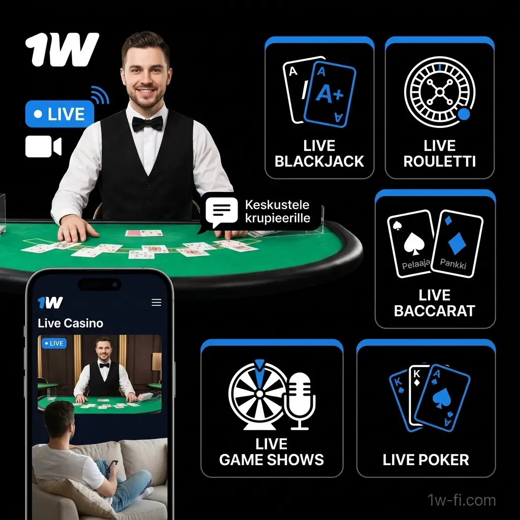 1w Live-kasino: oikeat krupieerit, live-blackjack, rouletti, baccarat ja peliohjelmat reaaliaikaisesti kotiin