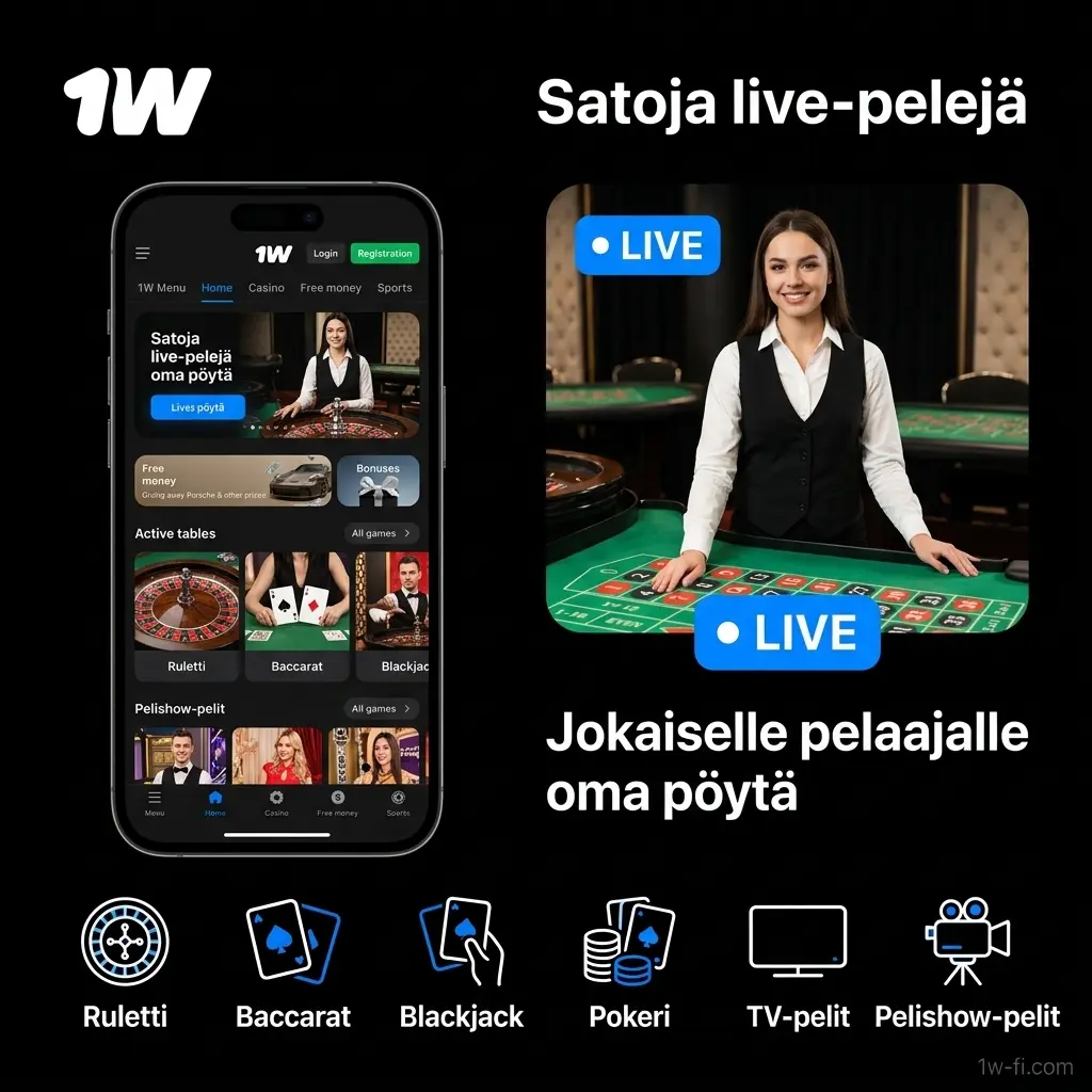 1w-kasinon live-pelit: ruletti, baccarat, blackjack, pokeri, TV-pelit ja pelishow-pelit live dealerin kanssa