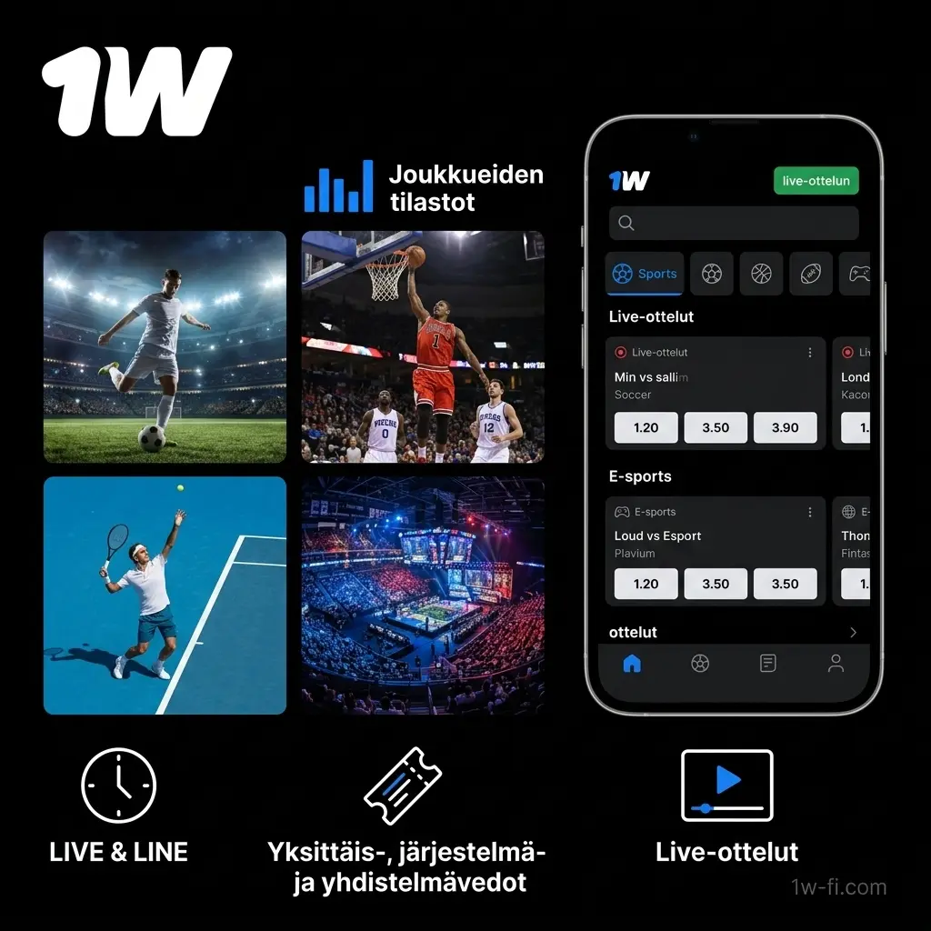 1w-vedonlyöntisovelluksen laaja urheiluvalikoima: jalkapallo, jääkiekko, tennis, e-urheilu ja paljon muuta