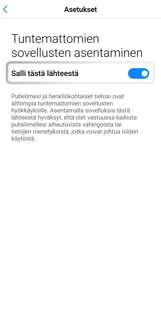 Salli asennus tuntemattomista lähteistä Android-asetuksissa 1w-sovellusta varten.
