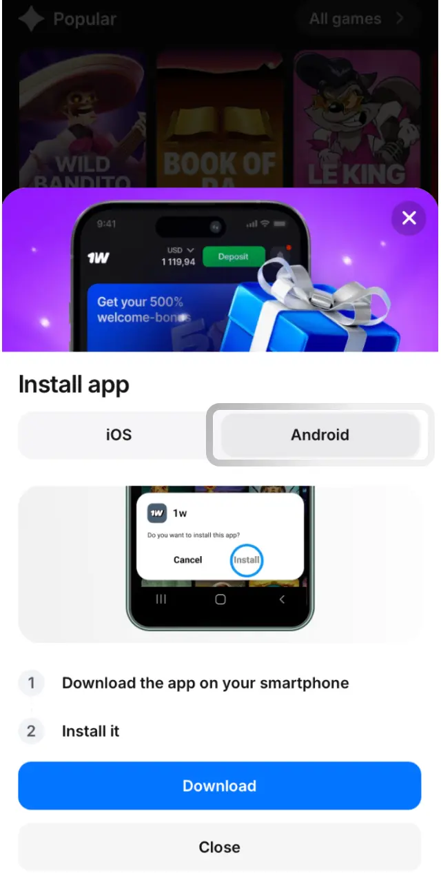 Napauta Asenna-painiketta 1w-sivustolla aloittaaksesi APK-latauksen Androidille.