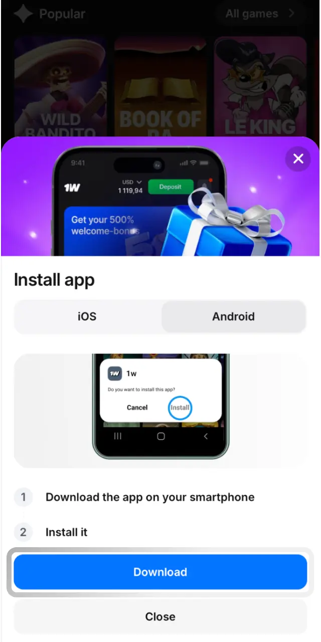 Lataa 1w-sovellus älypuhelimeen ja odota latauksen valmistumista Androidilla.