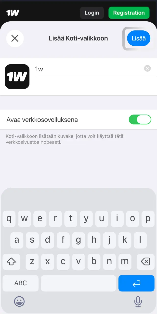 Tarkista sovelluksen nimi ja napauta Lisää vahvistaaksesi 1w PWA-asennuksen iOS:lle.