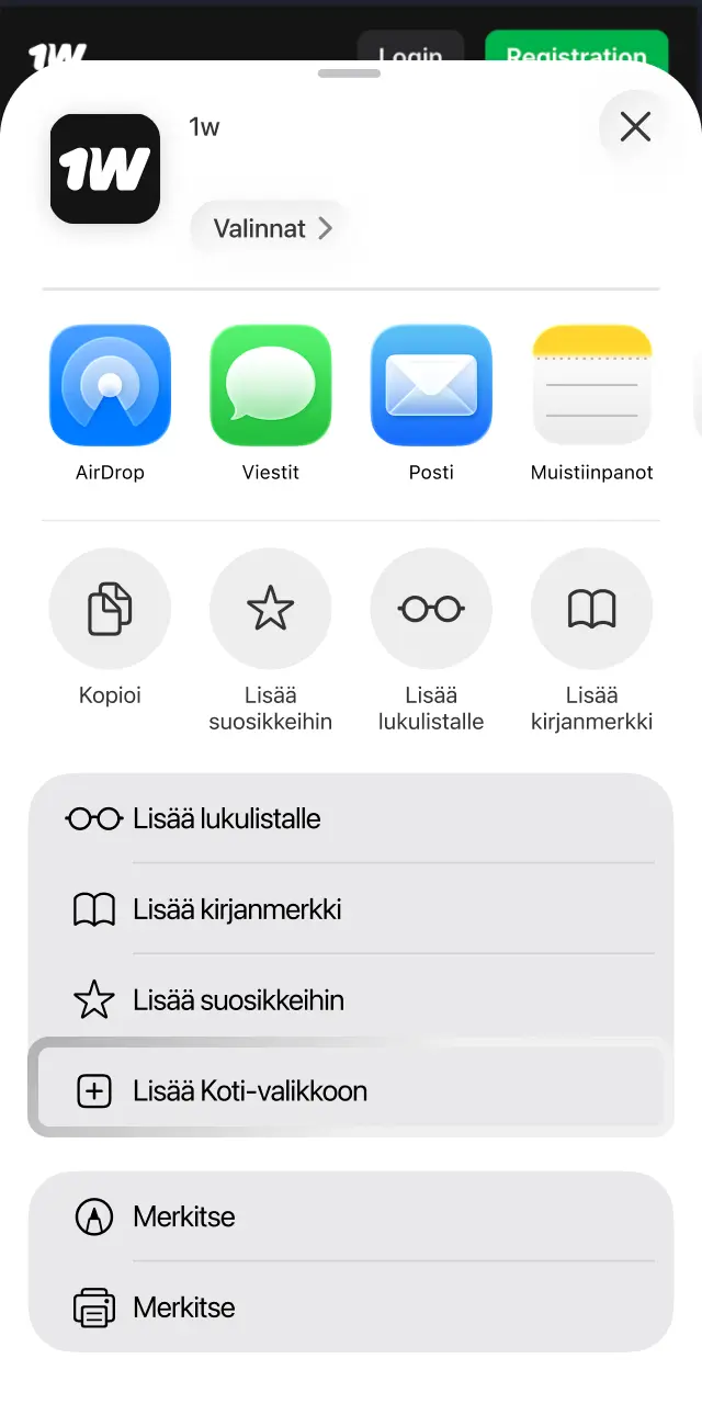 Valitse Lisää aloitusnäyttöön -vaihtoehto luodaksesi 1w-pikakuvakkeen iOS-laitteelle.