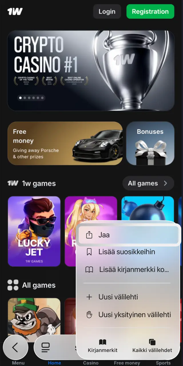 Napauta Jaa-kuvaketta Safarissa avataksesi asetusvalikon 1w PWA-asennusta varten.