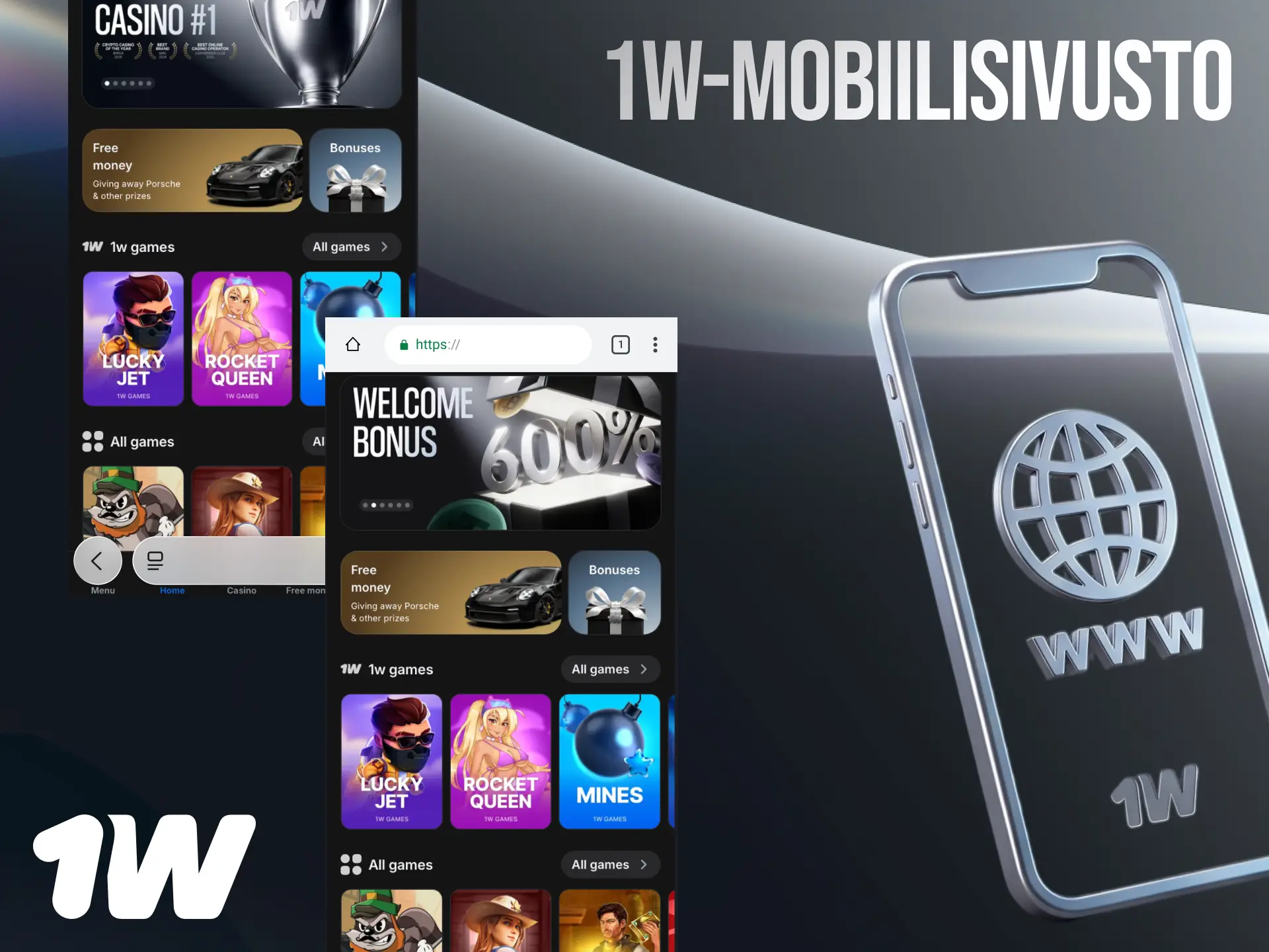 1w-mobiilisivusto vedonlyöntiin ja kasinopeleihin ilman sovelluksen lataamista.