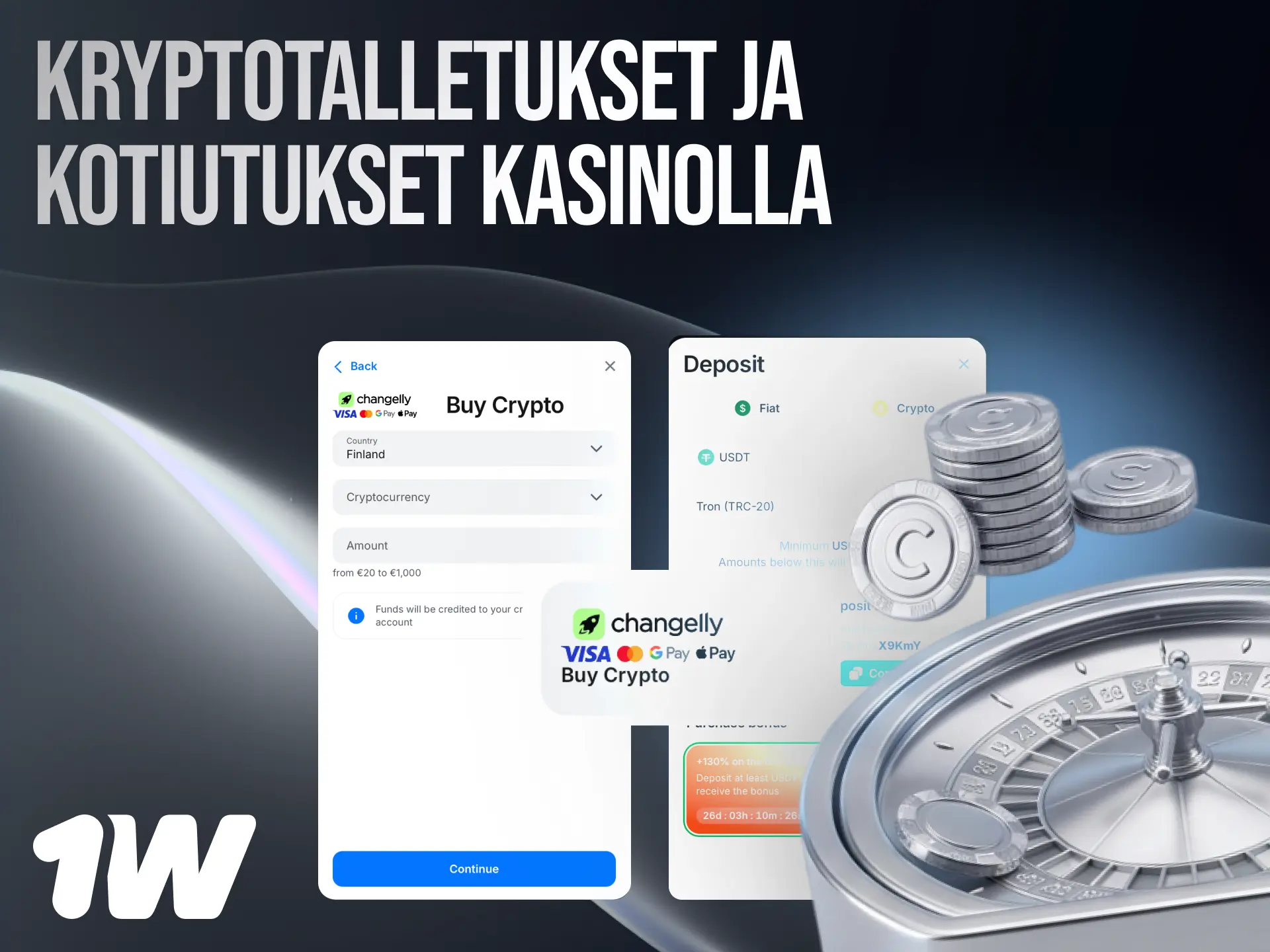 Kryptotalletukset ja kotiutukset 1w-kasinolla Suomessa USDT:llä, BTC:llä ja ETH:llä.