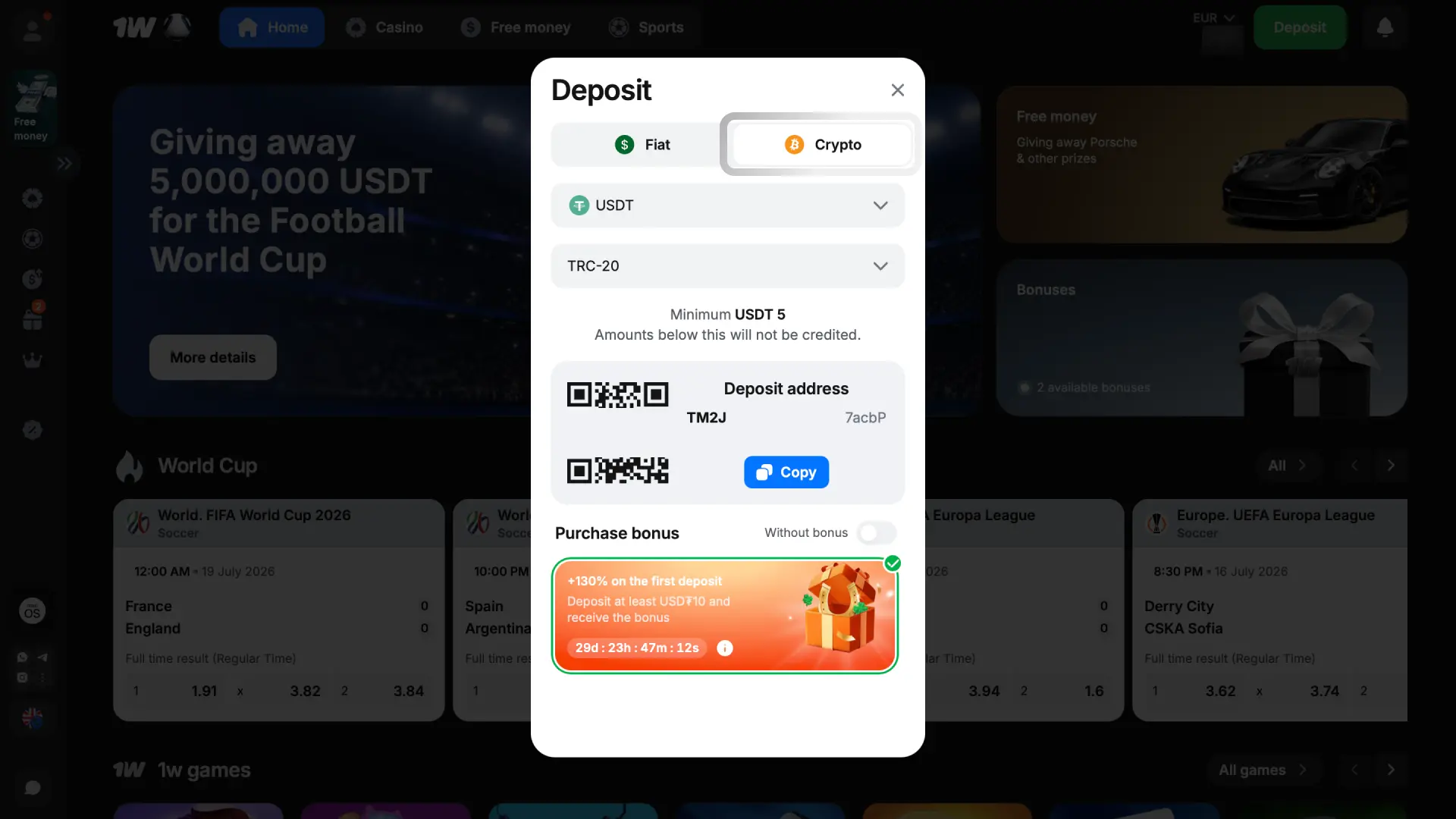 Tee kryptotalletus 1w-kasinolle Suomessa vähintään 10 USDT tai vastaava summa.