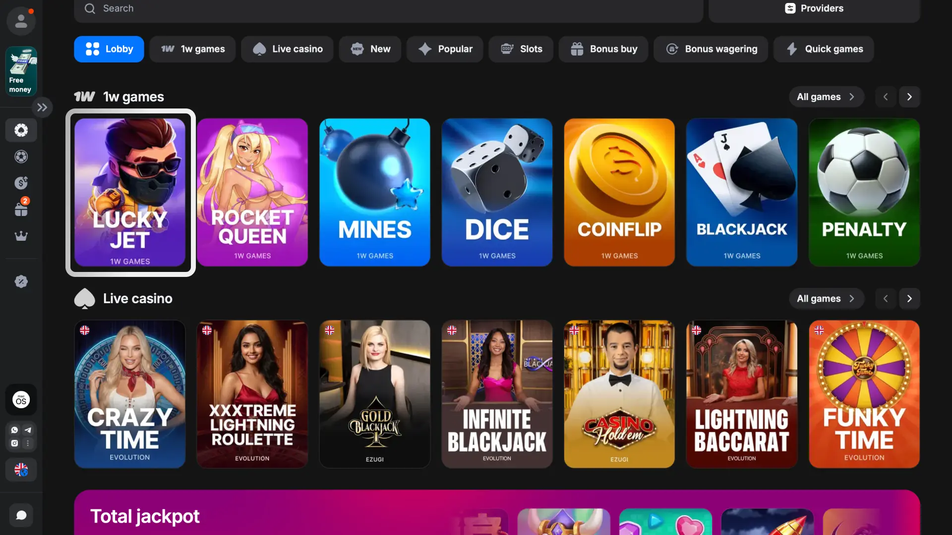 Siirry Lobby-, Slots-, Live-kasino- tai 1w Games -osioon 1w Suomessa ja aloita pelaaminen.