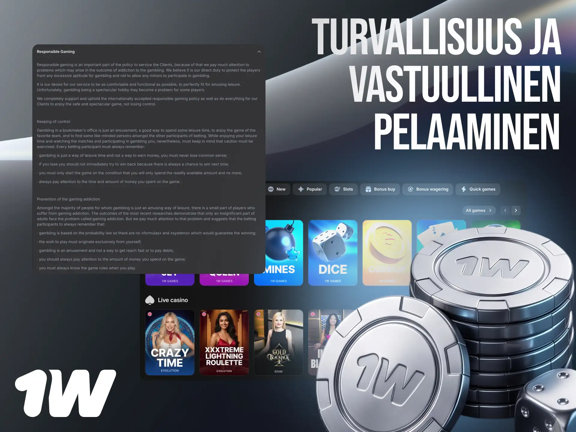 Turvallisuus ja vastuullinen pelaaminen 1w-kasinolla Suomessa lisenssillä ja työkaluilla.
