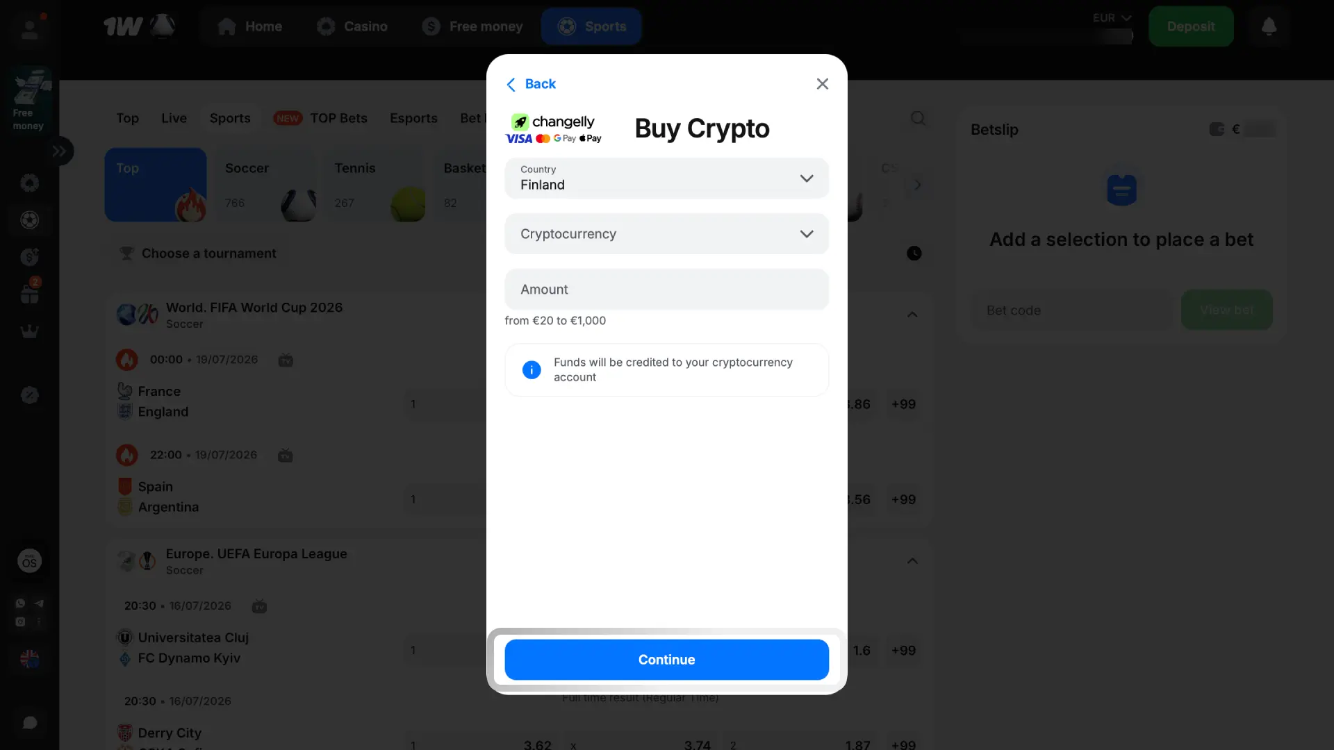 Talleta kryptovaluutalla 1w Suomessa vähintään 10 USDT ja valitse urheilubonus.