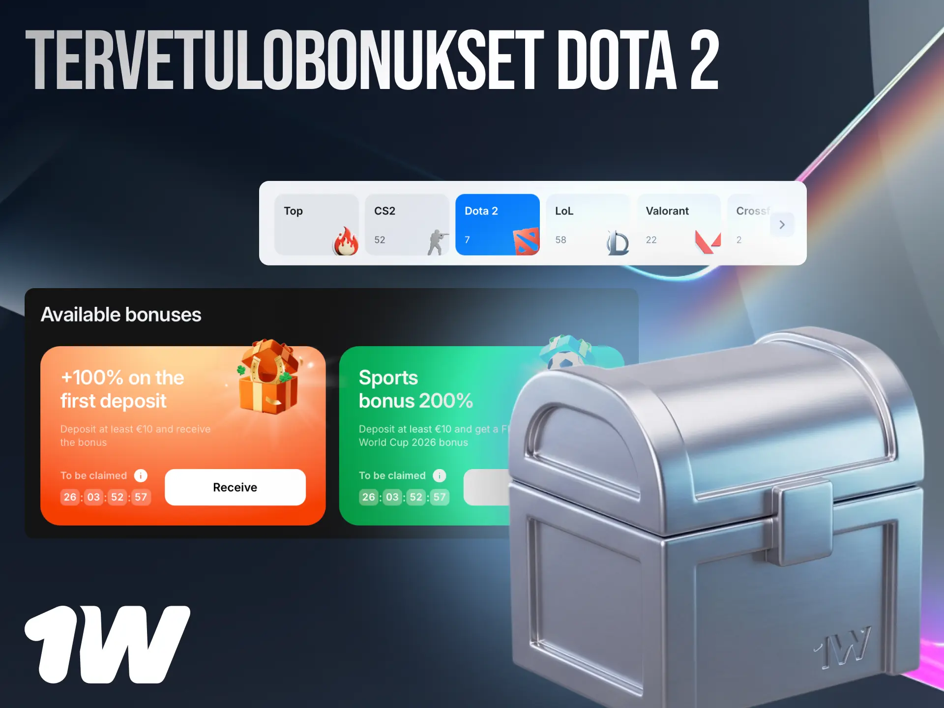 1w tervetulobonukset Dota 2 -vedonlyöntiin Suomessa jopa 600 % bonuksella ensimmäisille talletuksille.