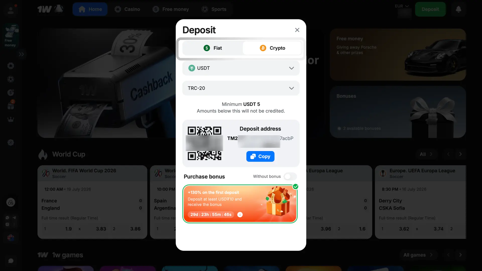Talleta kryptovaluutalla 1w Suomessa vähintään 10 USDT ja valitse urheilubonus.