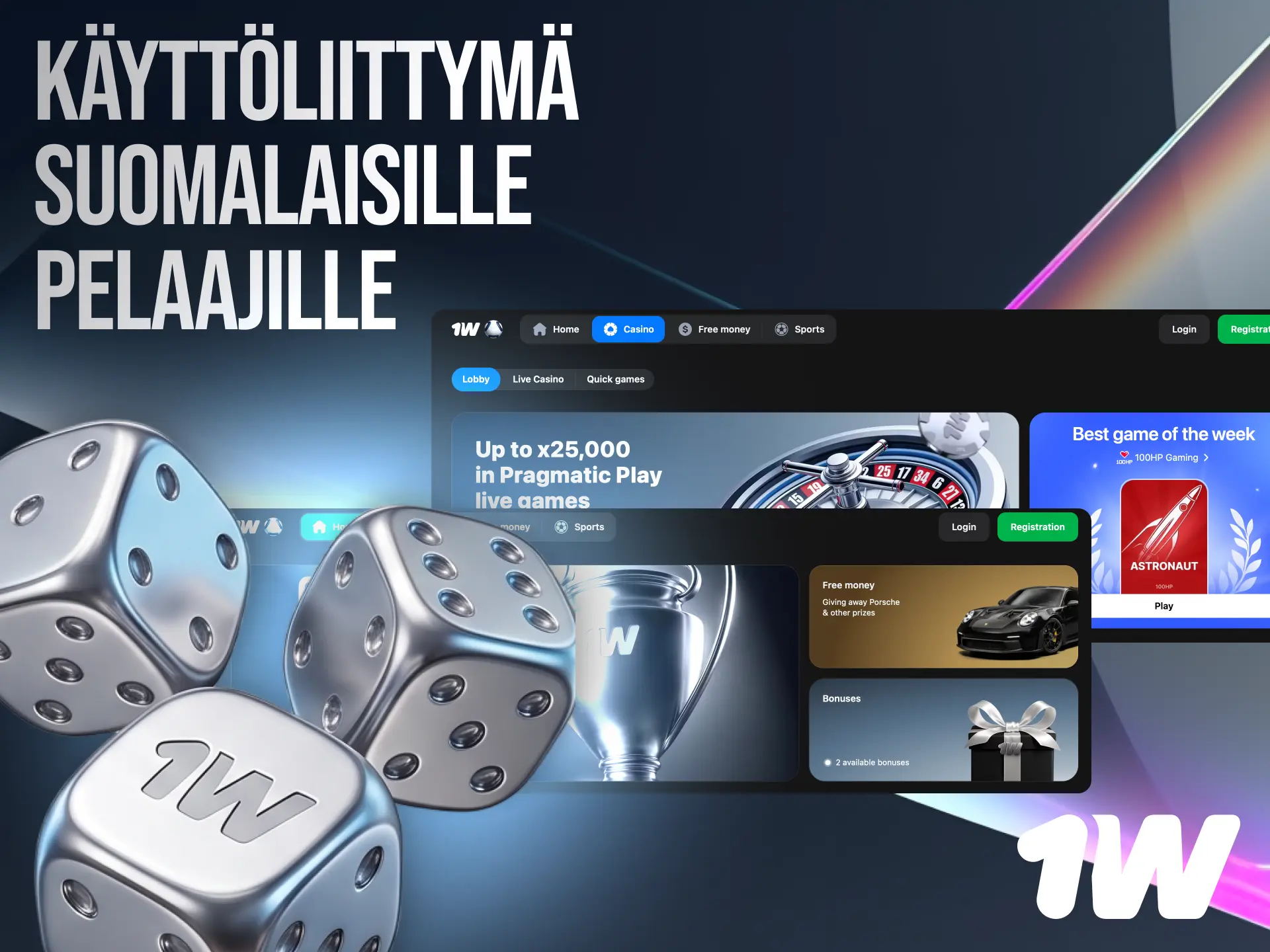1w käyttöliittymä suomalaisille pelaajille selkeällä navigoinnilla vedonlyöntiin ja kasinopeleihin.