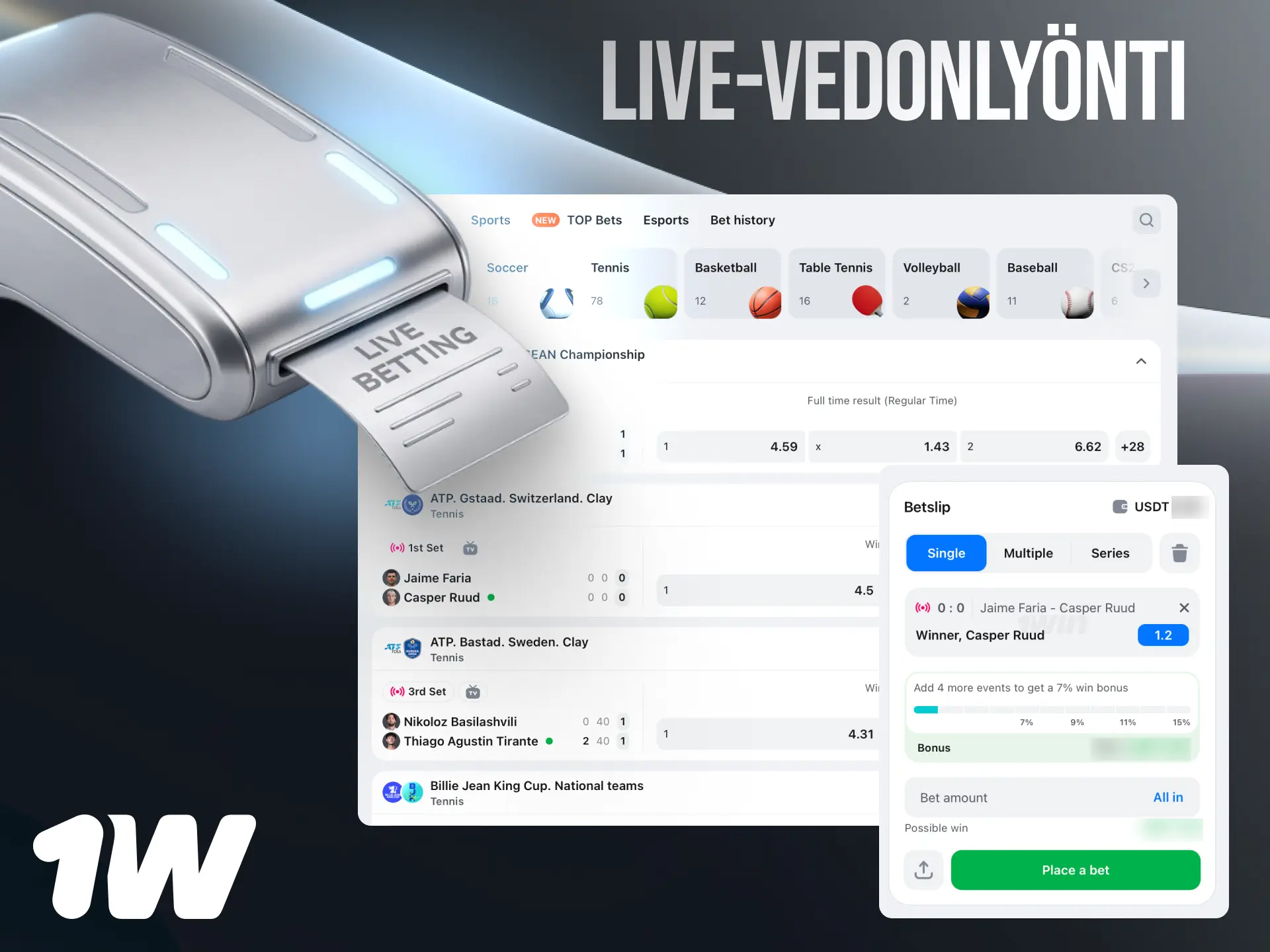 Live-vedonlyönti 1w Suomessa dynaamisilla kertoimilla päivittyen reaaliajassa ottelujen aikana.