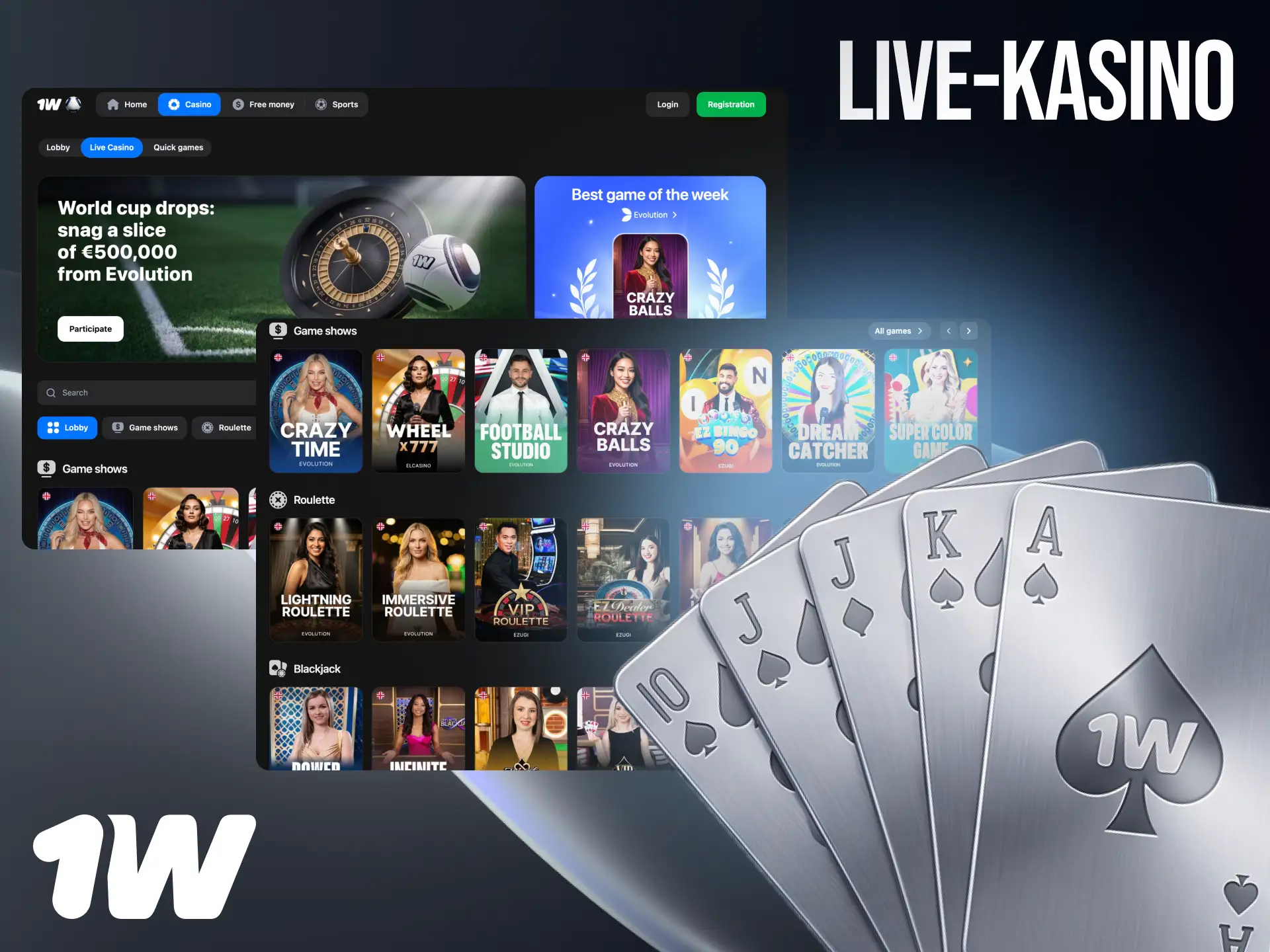 Live-kasino 1w Suomessa oikeiden jakajien kanssa blackjackissa, ruletissa ja baccaratissa.