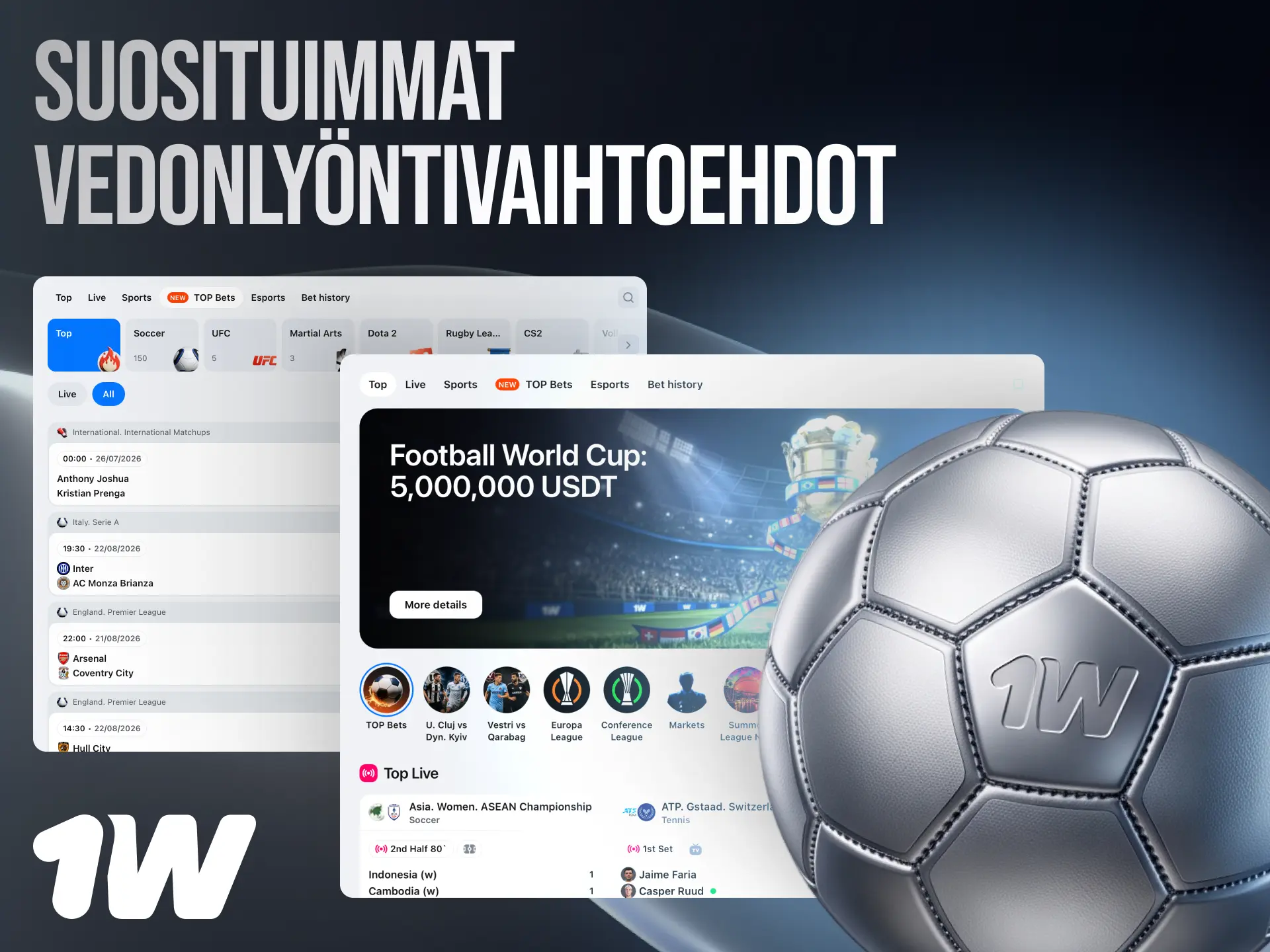 Suosituimmat vedonlyöntivaihtoehdot 1w Suomessa live- ja ennakkovedonlyöntimarkkinoilla.