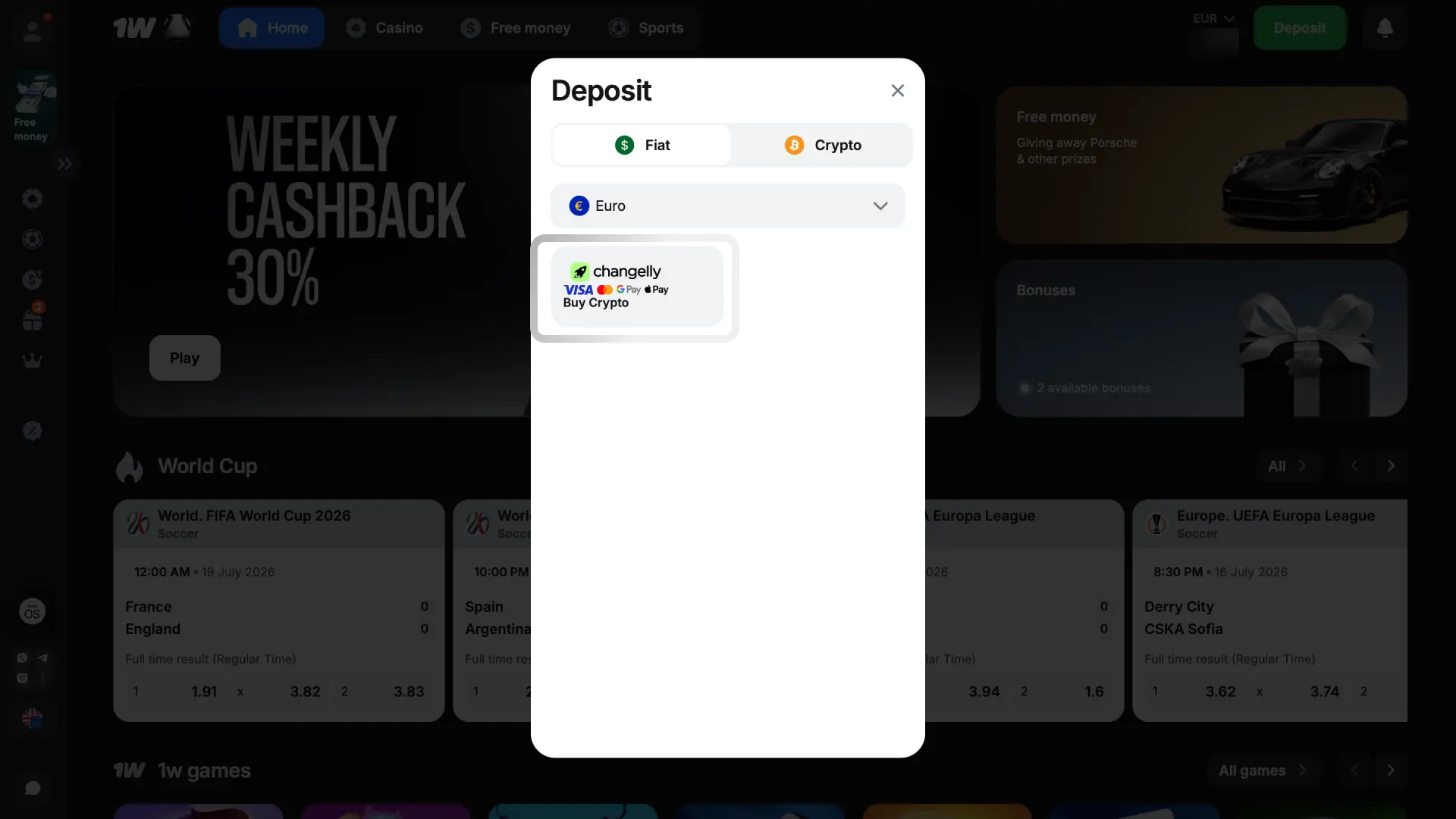 Valitse 1w Suomessa saatavilla olevat kryptovaluutat USDT, BTC, ETH, TRX, XRP ja DOGE.