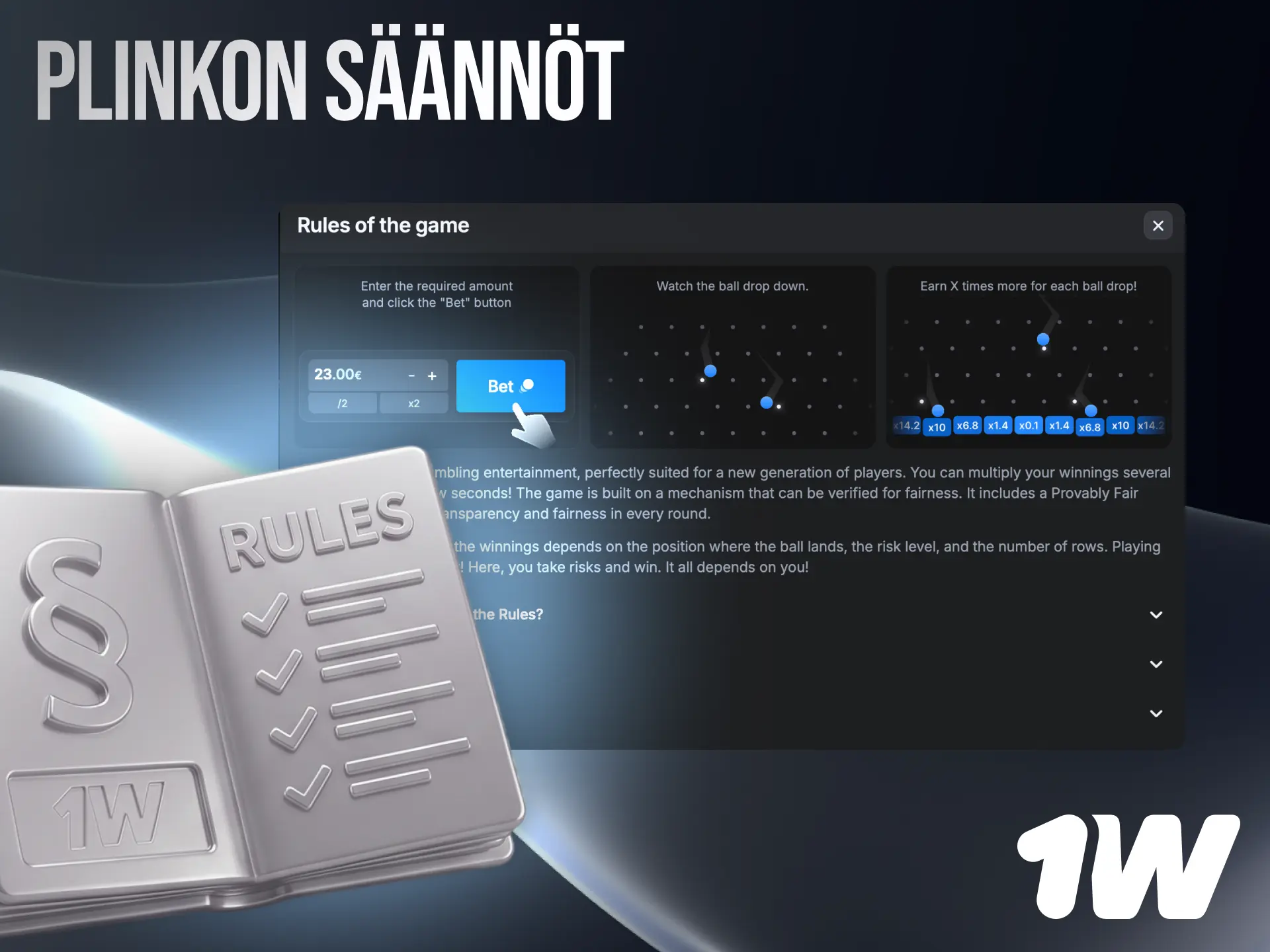 Plinkon säännöt 1w Suomessa: aseta panos, valitse riskitaso ja pudota pallo voittaaksesi.