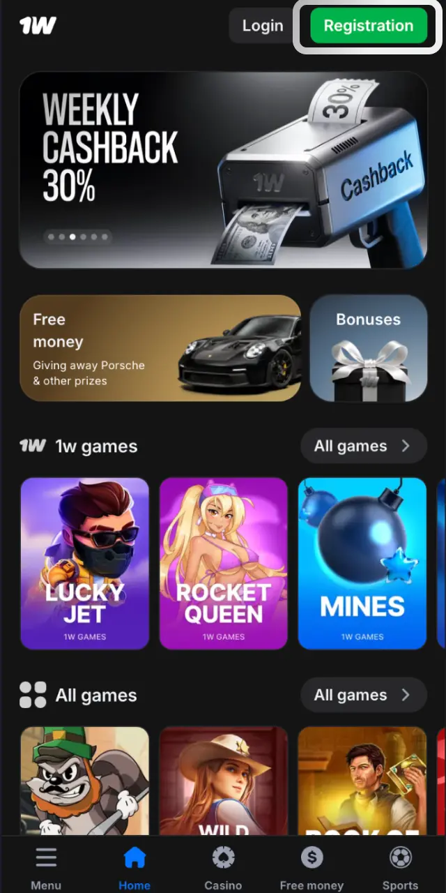Avaa 1w-sovellus Androidilla tai iOS PWA:lla Suomessa ja napauta Rekisteröidy-painiketta.