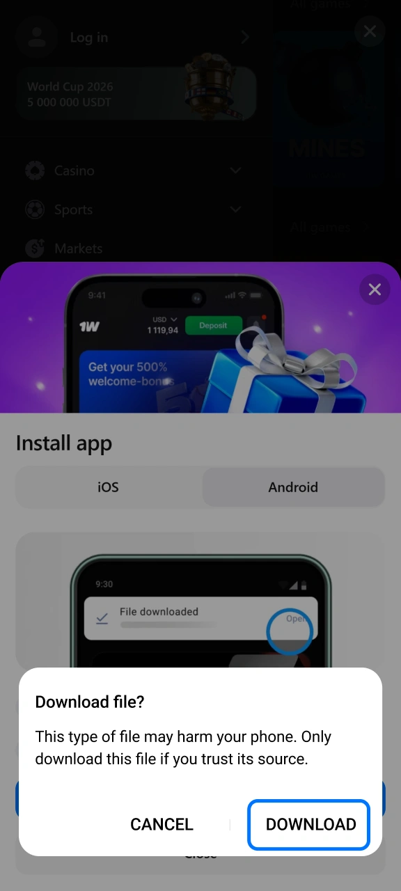 Approve the file transfer to secure the 1w setup package.