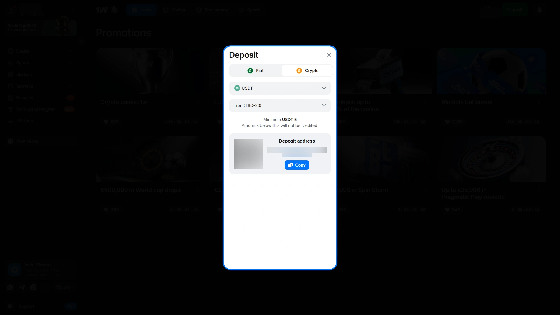 Fund your balance using digital coins to claim rewards at 1w.