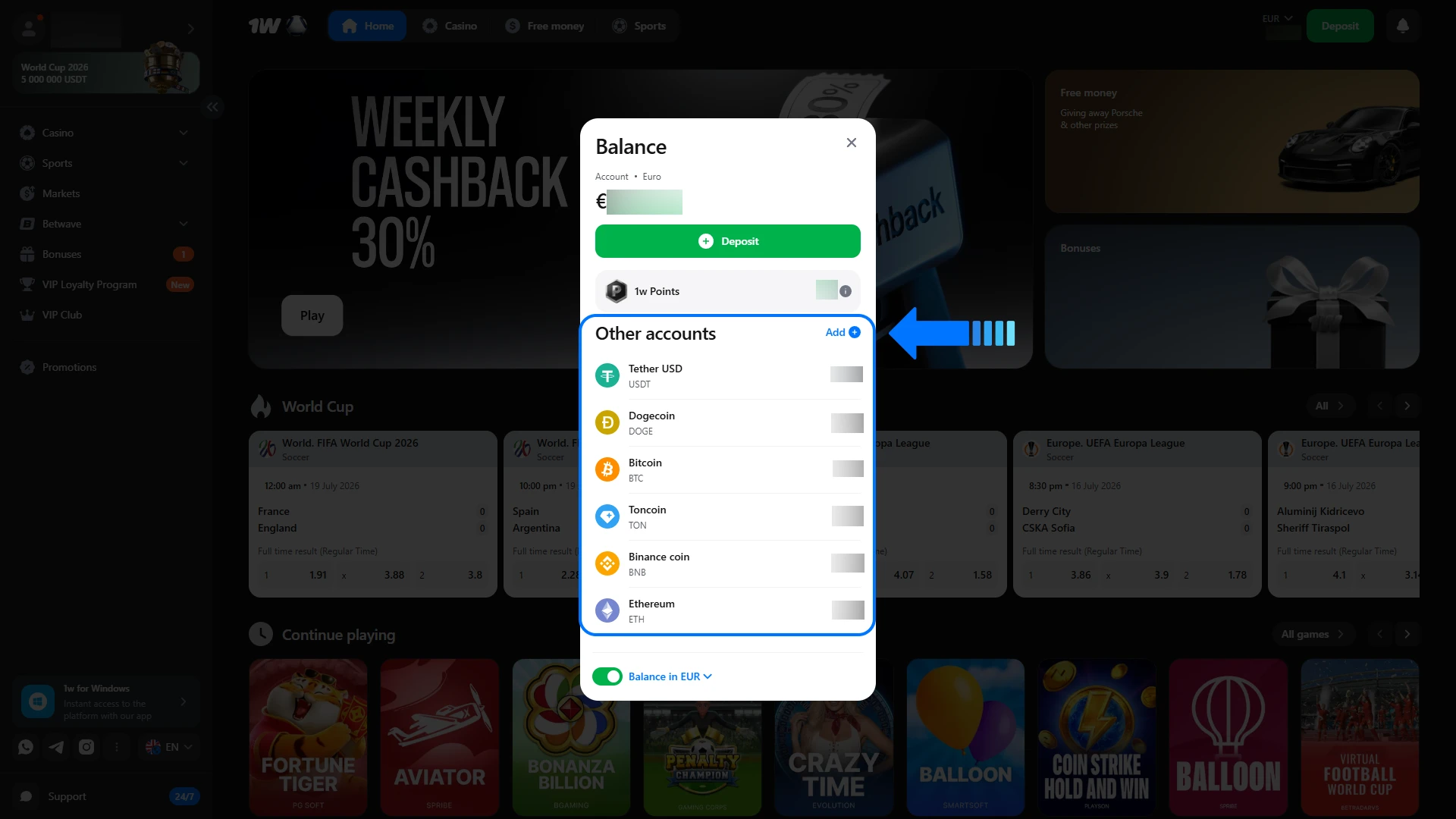 Activate a digital currency wallet inside your 1w account.