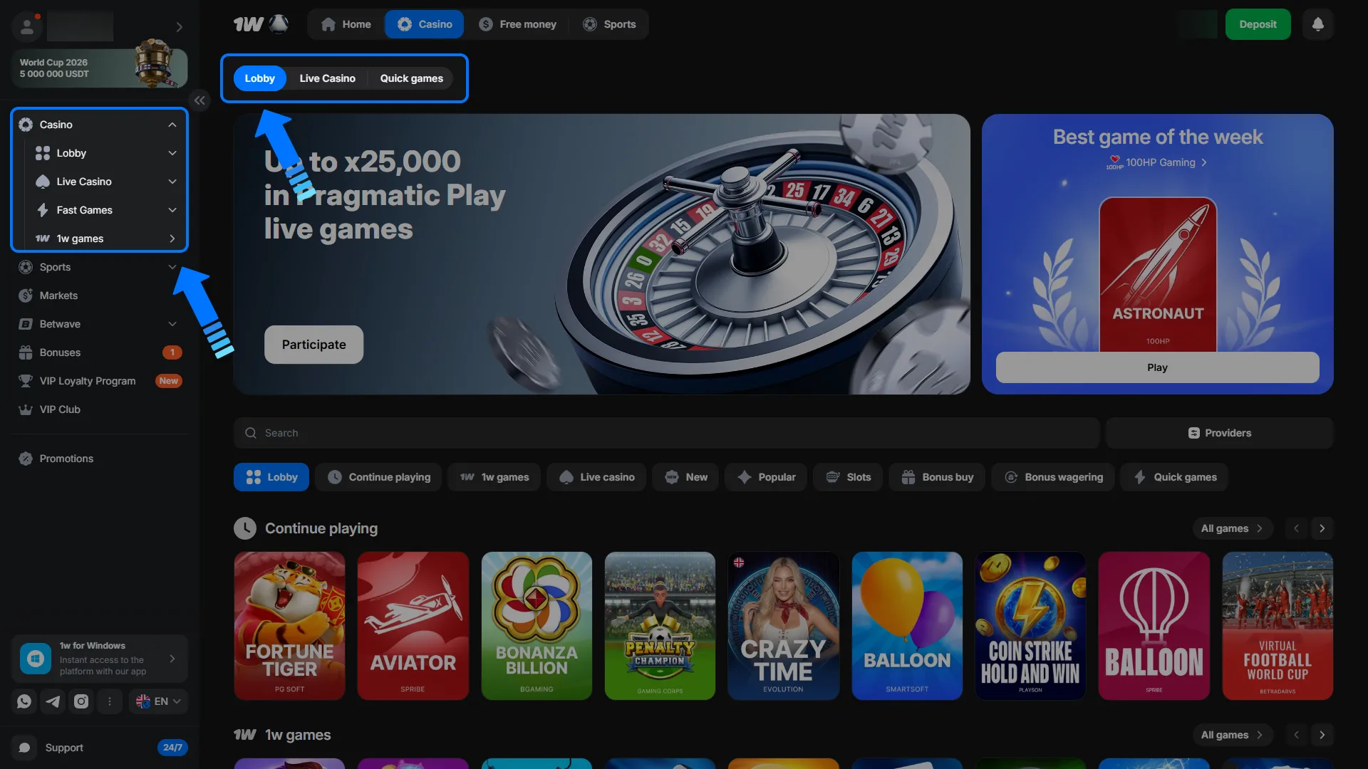 Select your preferred title and begin winning real money at 1w.