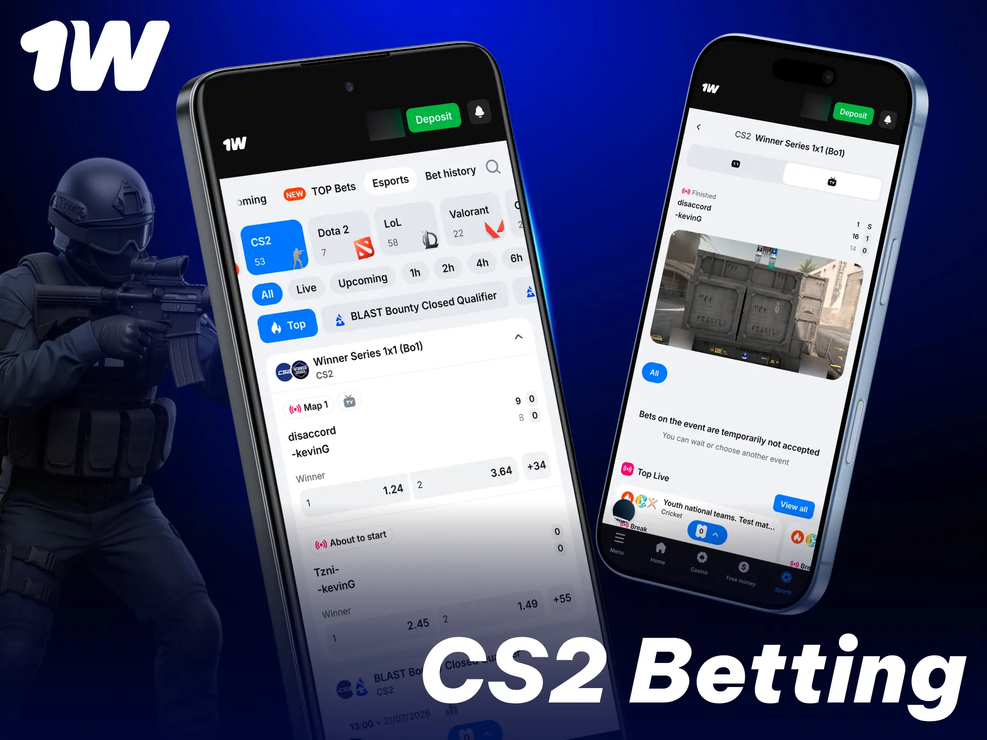 Download the official mobile application to place CS2 wagers at 1w.