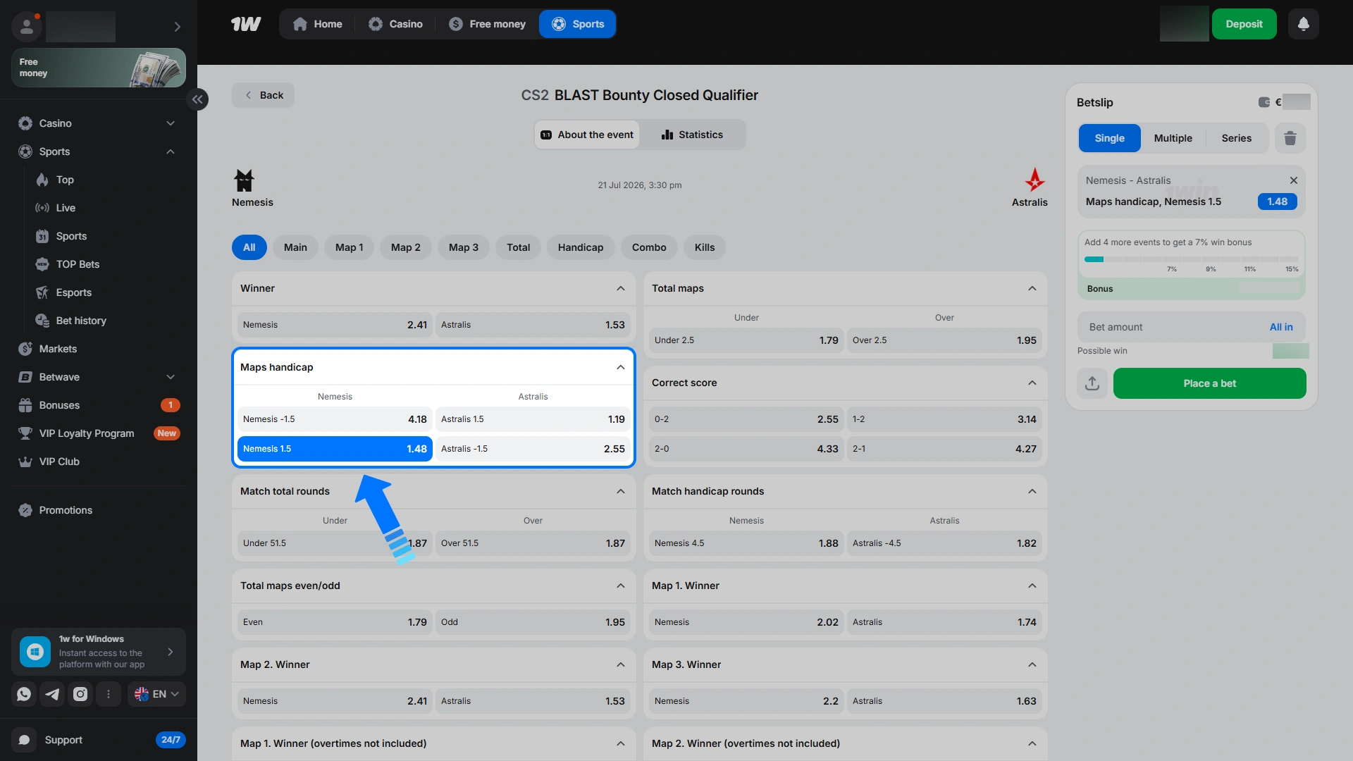 Select your preferred CS2 match and prediction markets inside 1w.
