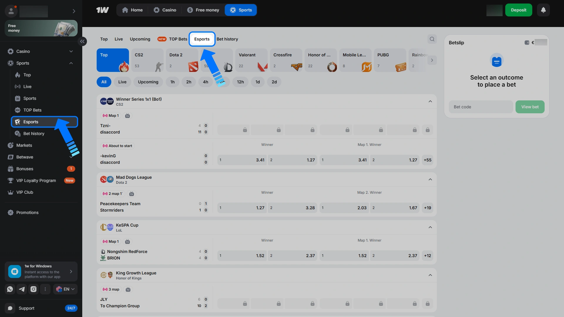 Navigate to the dedicated esports department for CS2 wagering on 1w.