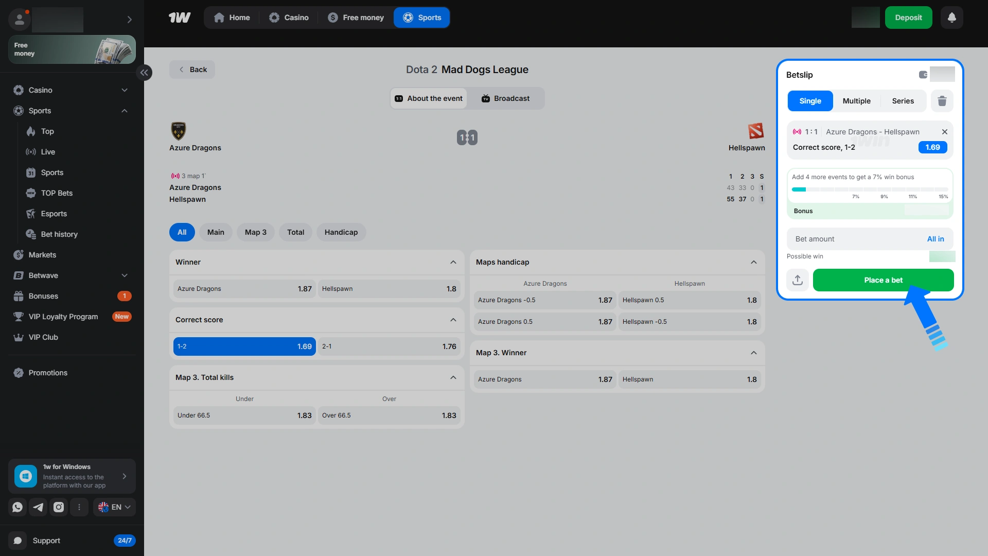 Submit your final slip to confirm your Dota 2 wager at 1w.