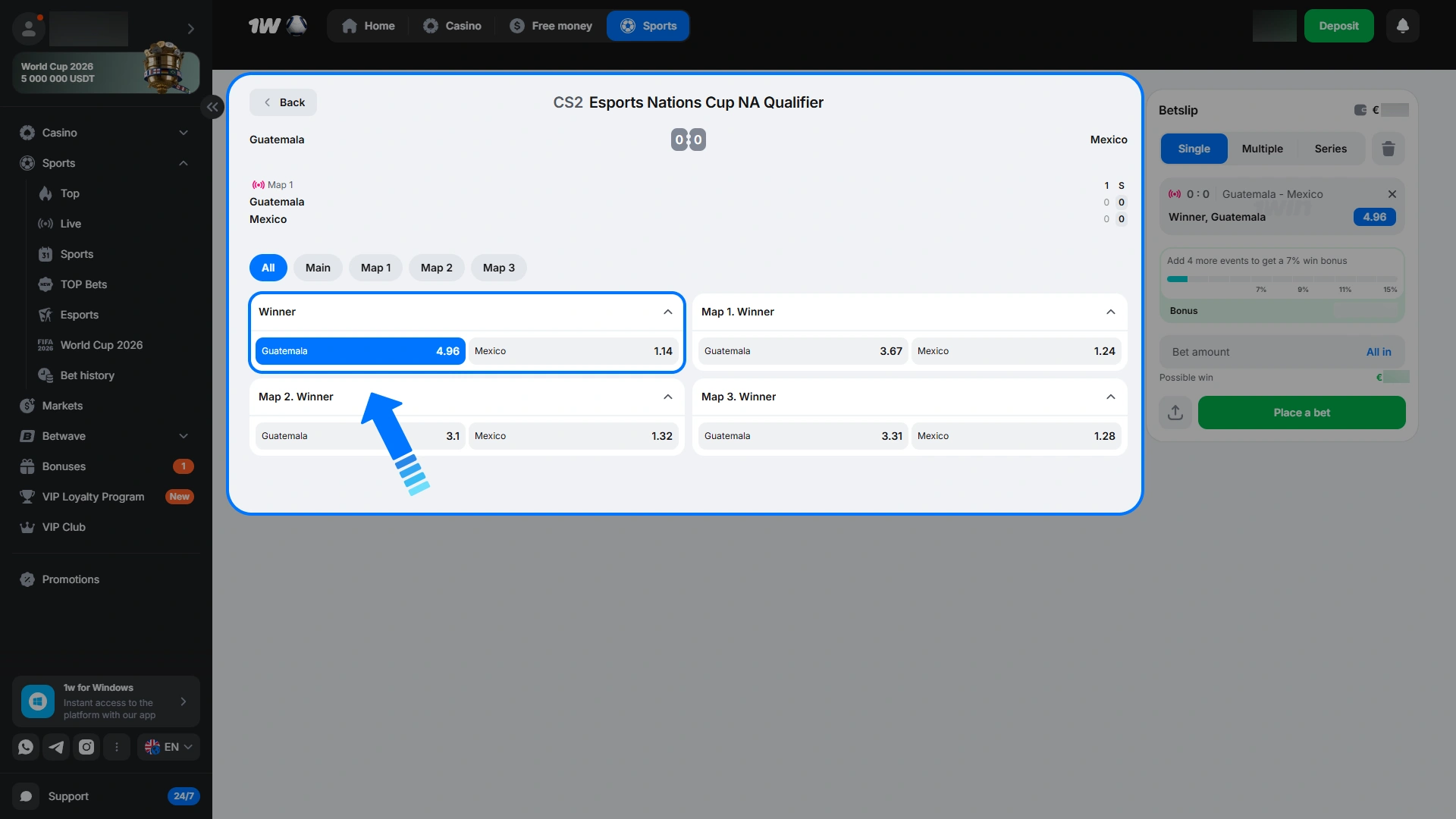 Select your preferred tournament and favorable odds at 1w sportsbook.