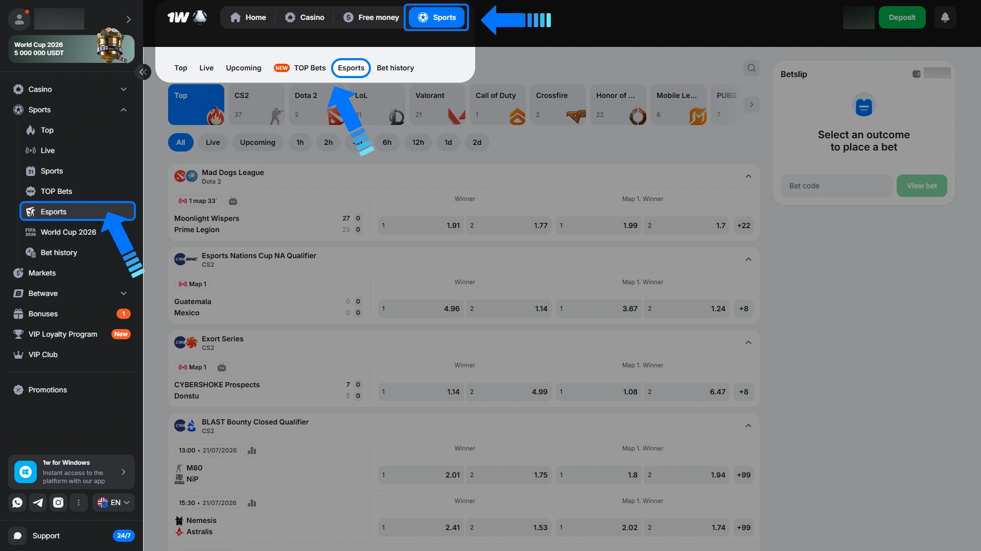 Navigate to the competitive gaming tab on the 1w website.