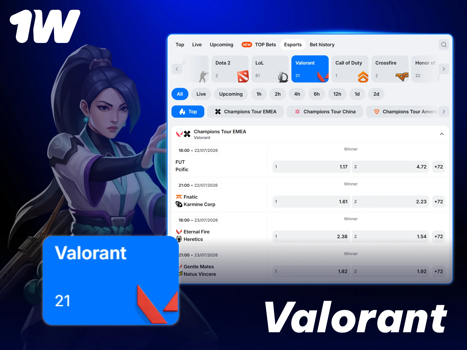 Support top tactical shooter teams through exciting Valorant betting markets at 1w.