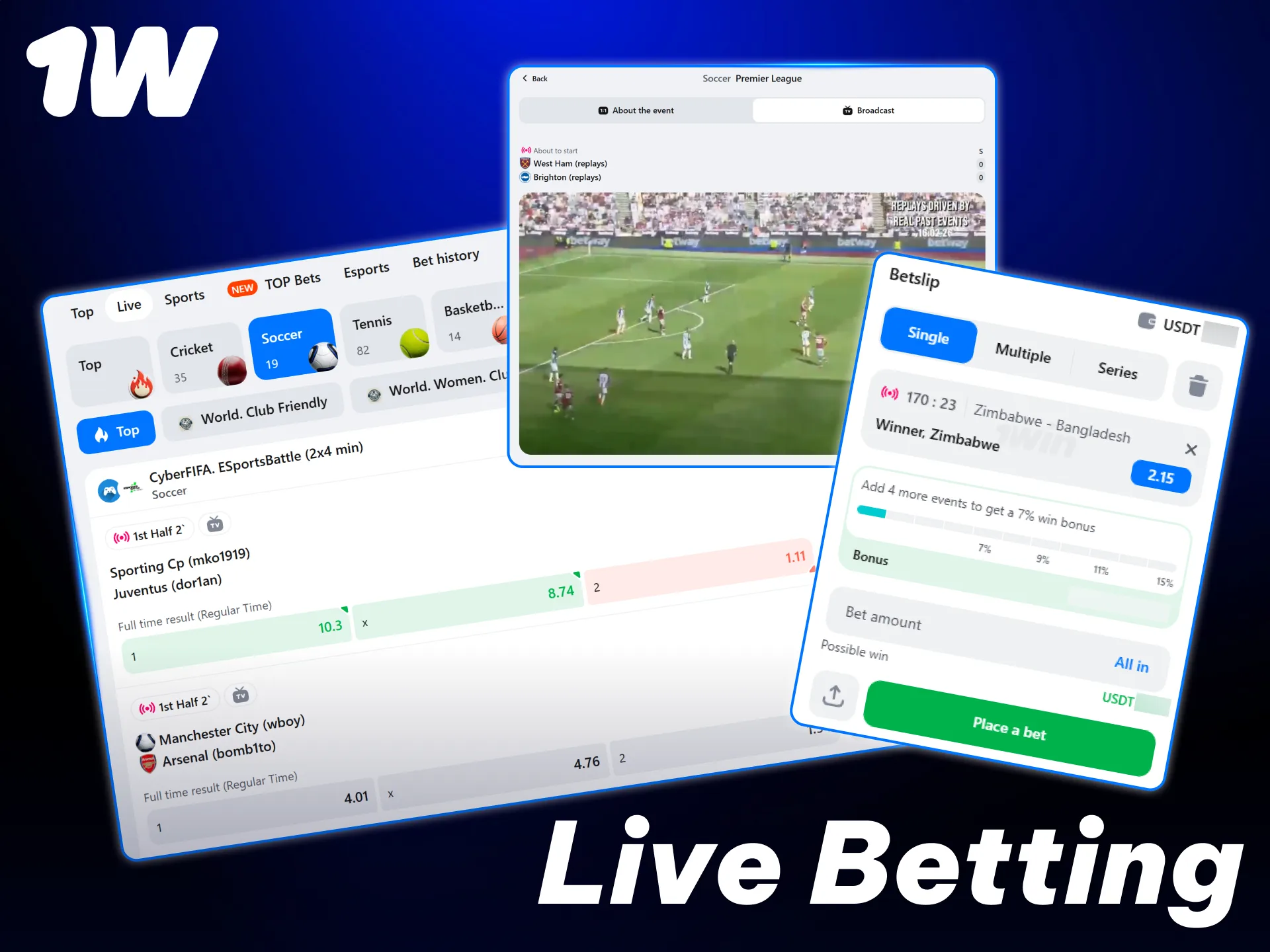 Place real-time wagers on ongoing matches to win instantly at 1w.