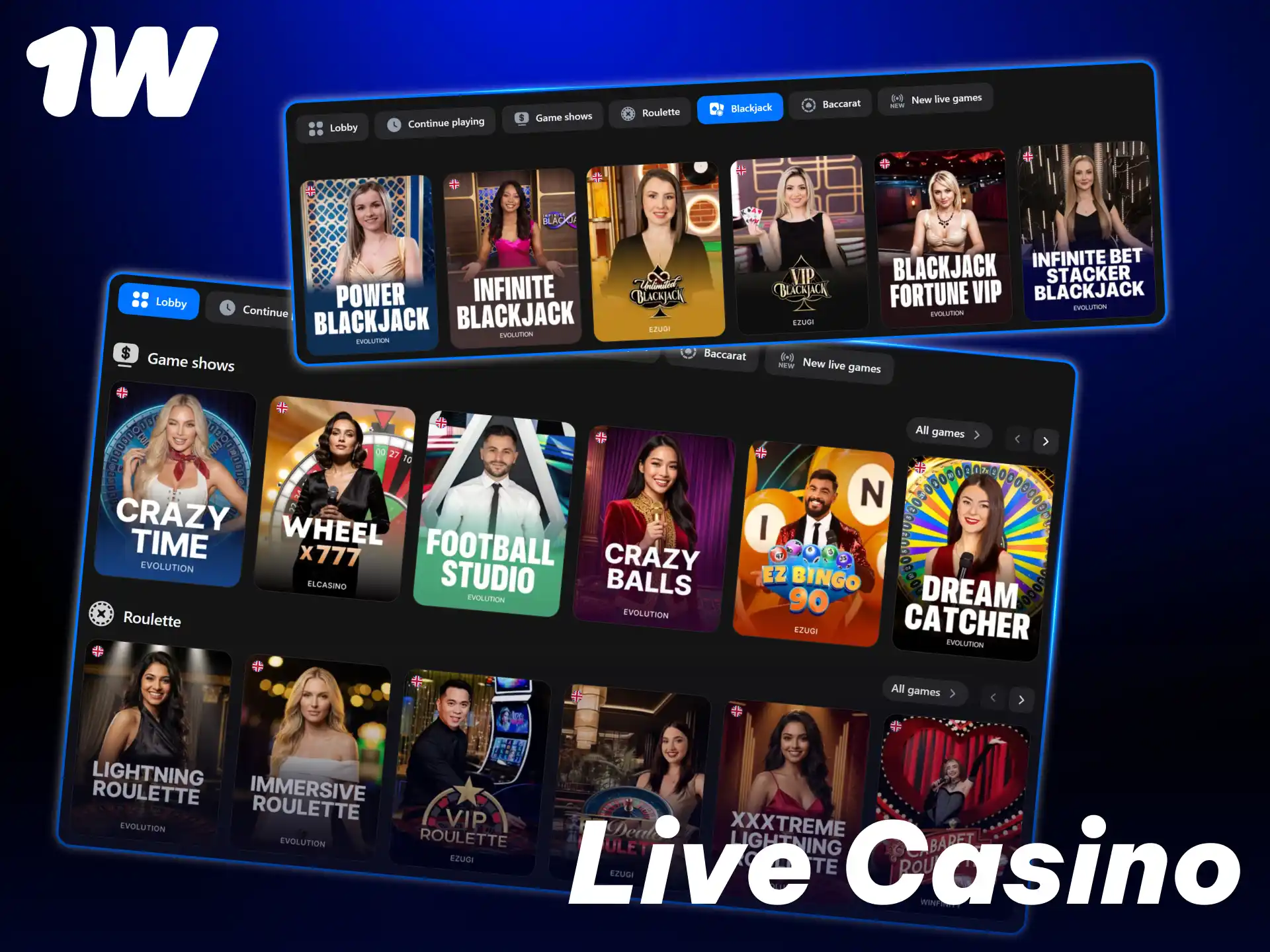 Interact with real dealers and play exciting live games at 1w.